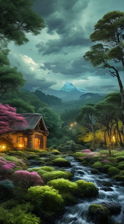 Un paisaje nocturno con una exuberante y oscura pradera verde., , un cielo nocturno claro y sin nubes, y un toque de la belleza de Nueva Zelanda. La imagen debe ser de la mejor calidad, 4k-resolution, y tener un efecto K HD. Los detalles deben ser ultradetallados., offering a realistic and photorealistic representation. The artistic style should focus on capturing the beauty of landscapes with vivid colors.. Los tonos de color deben ser vibrantes., acentuando los tonos naturales del paisaje. The lighting should be soft and natural, mejorar el ambiente general del paisaje.