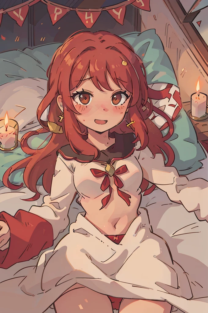 red bedroom, bed, brothel, red minimalistic underwear, blushing, happy, horny, red hair, long hair, gold jewelry, brown skin, red bedsheets, candles, facing camera, laying on bed, inviting