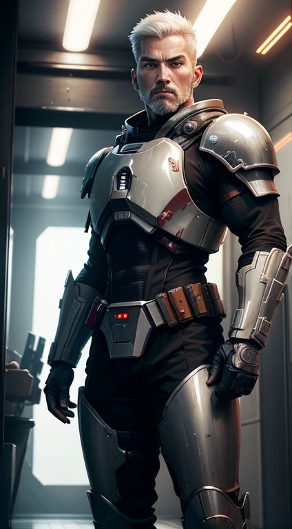 realistic image in 8k of a 40-year-old man, strong, oriental, short white hair, combed back, pale skin, dressed in a black RPG warrior mandalorian armor, standing in a corridor of the spaceship with numerous intersections with energy weapons and traces of blaster bullets, lots of sparks and fire, expression of doubt, art style anime