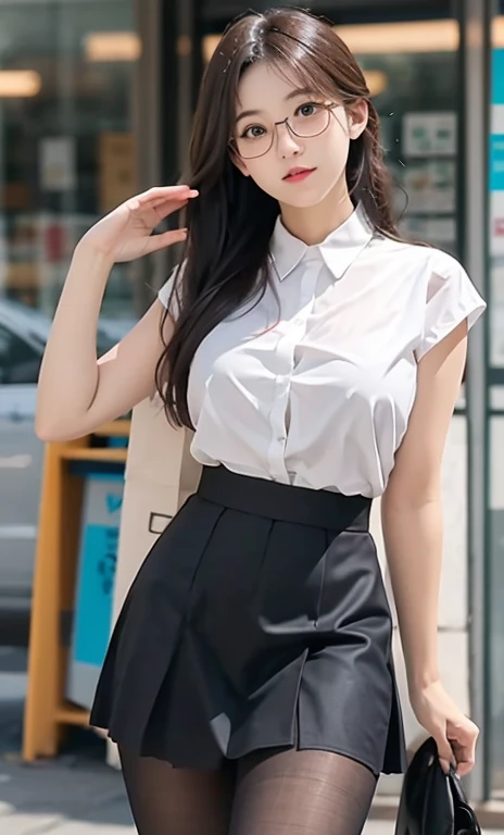ulzzang-6500-v1.1, (raw photo:1.2), (photorealistic:1.4), beautiful detailed girl, very detailed eyes and face, beautiful detailed eyes, ridiculous, incredibly ridiculous, huge file size, super detailed, high resolution, very detailed, best quality, masterpiece, ((fashion clothing with diverse colors)), illustration, very detailed, CG, unified, 8k wallpaper, amazing, fine detail, masterpiece ,best quality, very detailed CG uniform 8k wallpaper, light on face, movie lighting, 1girl, 16 years old, long white hair, side splitig breasts), (no panties)), (glasses), ((dynamic pose))), ((sexy pose))), (camel toe), (half), (pantyhose)), ((black hip skirt))