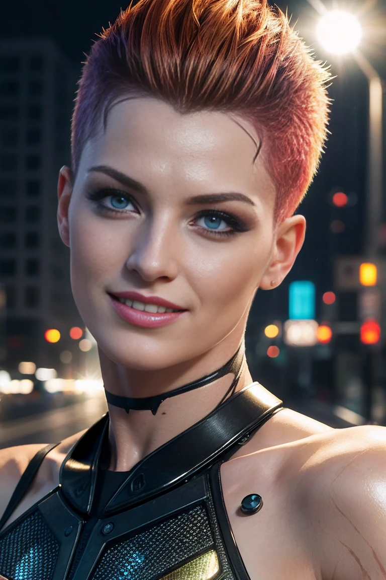 (Beautiful mature female (perfect face)), (Milla Jovovich:0.3), wicked smile, pale skin, (skin texture:1.1), (high detail sexy cyberpunk clothing), (high detail eyes:1.2), (multi coloured hair), (side of head shaved), fit athletic body, cyberpunk city at night, raininasterpiece), (photorealistic:1.4), RAW photo, best quality, high res, rich colors, backlight, cinematic lighting, film grain, raw photo, 50mm lens, Nikon D850, warm colors