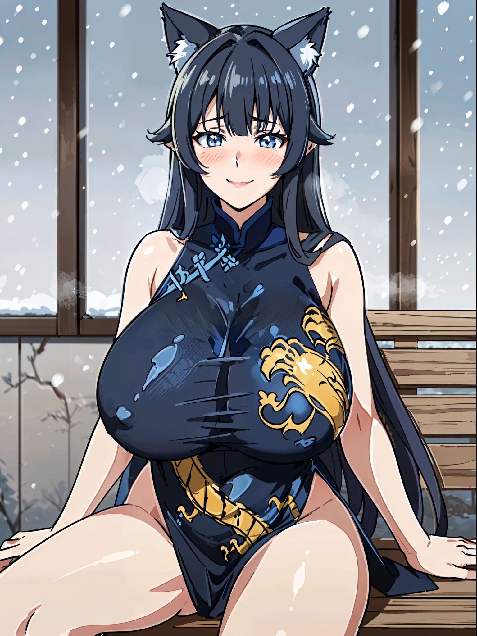 masterpiece, best quality, extremely detailed, 1girl, gyaru, solo, chiyome, (huge breasts:1.4), (((black hair, very long hair, blue eyes, slit pupils, animal ear fluff))), parted lips, (((china dress))), ((blush, naughty smile), closed mouth), ((sitting on a bench, china town, winter, snowing))
