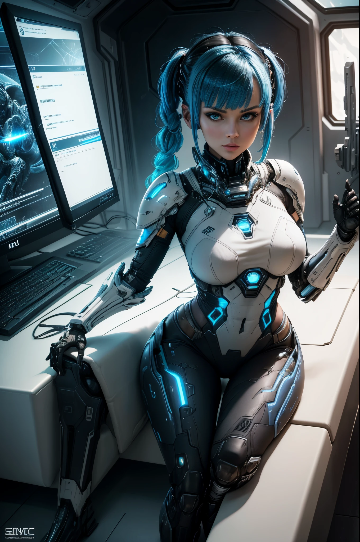 UHD with stunning details, style inspired by Shadow of the Colossus, Mass Effect and Monster Hunter. | A stunning 30-year-old woman wears white cybernetic armor with blue details and black robotic parts, fitted perfectly to her body. Her short blue hair, with two pigtails and bangs over her right eye, adds a touch of uniqueness. Inside an alien aircraft, surrounded by advanced technology, she adopts a dynamic pose, reclining in a captivating manner. The scene is full of large technological alien structures, computers and futuristic windows. The camera, positioned very close, highlights the main character’s entire body. | {The camera is positioned very close to her, revealing her entire body as she adopts a dynamic_pose, leaning back in a dynamic way} | ((perfect_pose):1), ((full body)), ((hands_with_5_fingers):1), ((perfect_fingers):1), ((perfect_legs):1), better_hands, More_Detail.