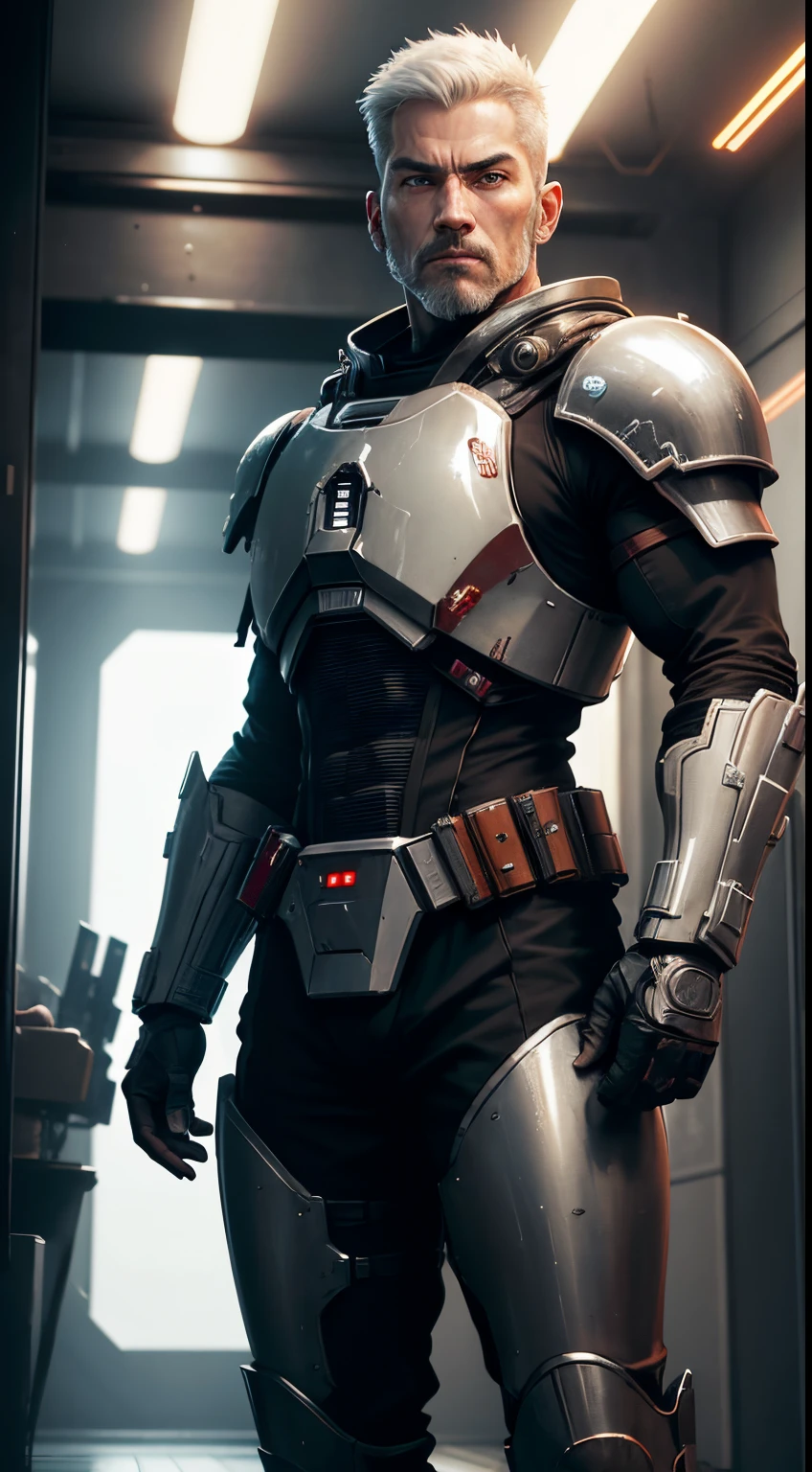 realistic image in 8k of a 40-year-old man, strong, oriental, short white hair, combed back, pale skin, dressed in a black RPG warrior mandalorian armor, standing in a corridor of the spaceship with numerous intersections with energy weapons and traces of blaster bullets, lots of sparks and fire, expression of doubt, art style anime