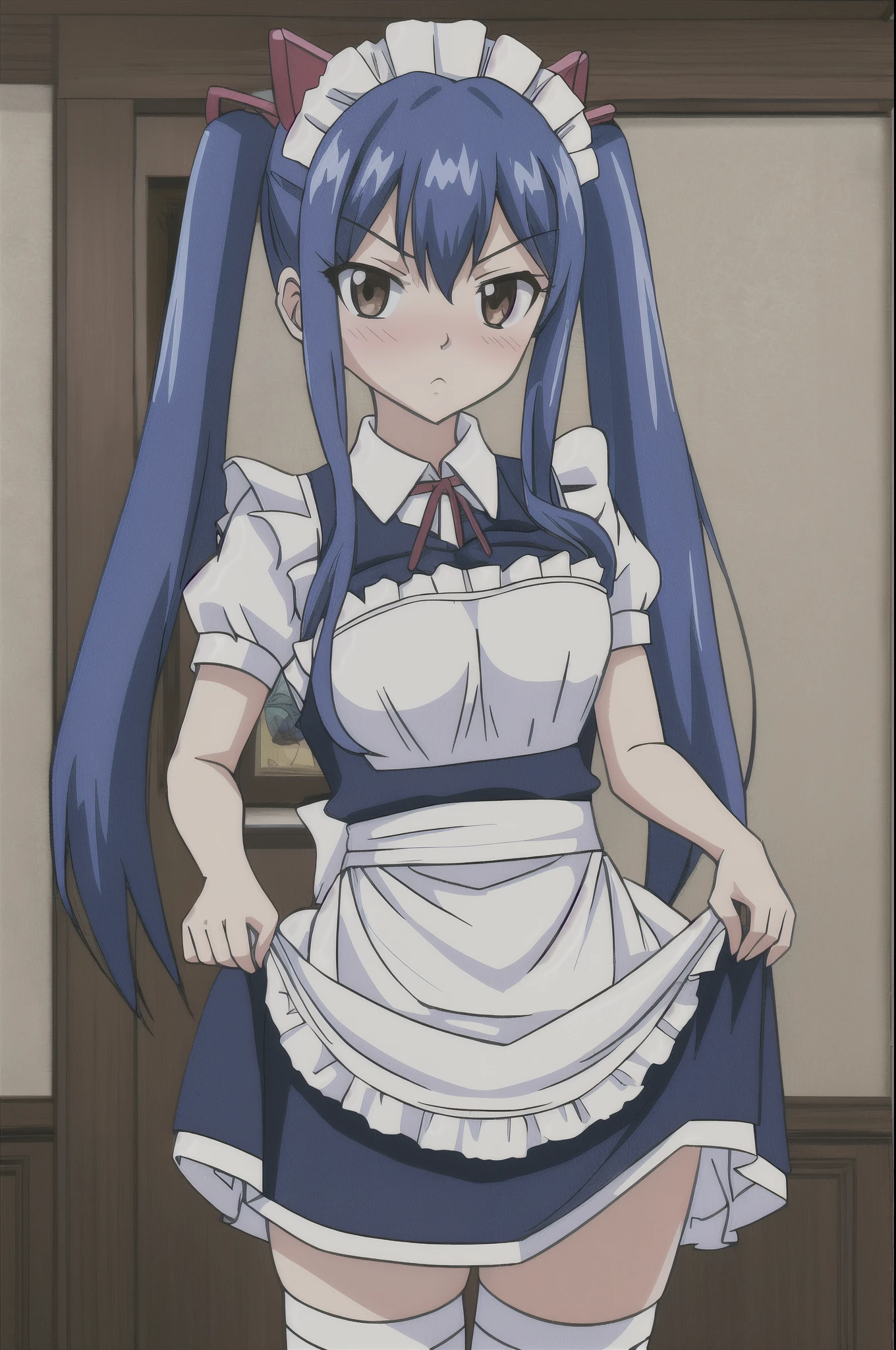 (((wendy))), fairy tail, anime art style, 1girl, solo, small_breasts, dressed, long_hair, looking at viewer, ((maid bowing, clothes lift, skirt lift, facing viewer)), embarrassed, maid outfit, hair_ornament, blushing, hair_between_eyes, twintails, brown_eyes, blue_hair, upper_body, parody, style_parody, anime_coloring, short female, petite female, thick thighs, loli, maid headwear, thick thighs, thigh highs