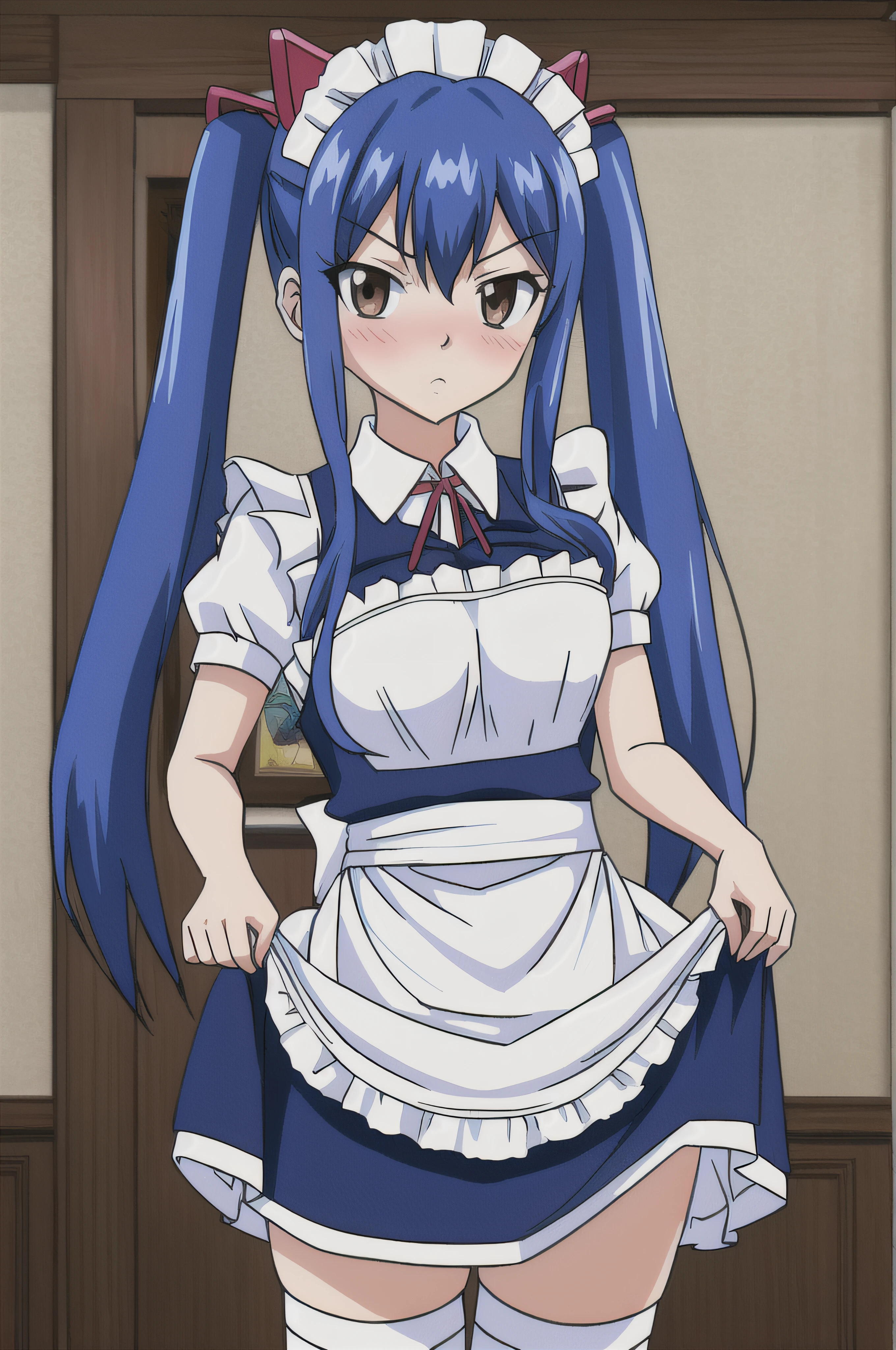 (((wendy))), fairy tail, anime art style, 1girl, solo, small_breasts, dressed, long_hair, looking at viewer, ((maid bowing, clothes lift, skirt lift, facing viewer)), embarrassed, maid outfit, hair_ornament, blushing, hair_between_eyes, twintails, brown_eyes, blue_hair, upper_body, parody, style_parody, anime_coloring, short female, petite female, thick thighs, ****, maid headwear, thick thighs, thigh highs