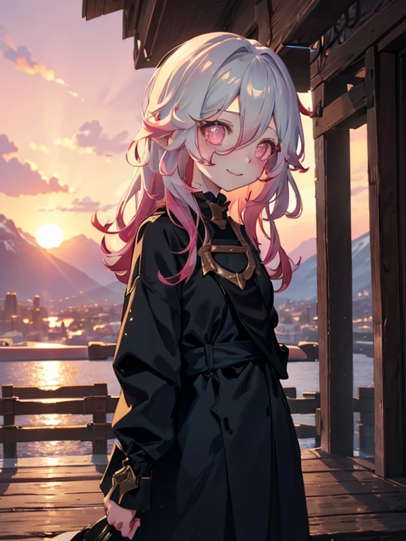 A girl with long hair, smiling with direct eye contact, is standing outdoors in front of a picturesque mountain. The sky above her is painted in hues of orange and pink as the sun sets, creating a beautiful sunset. In the background, there is a serene temple, adding a touch of simplicity to the overall scene. The lighting is dramatic, with rays of warm light illuminating the girl's face and creating a sense of depth and emotion. Her face is cute and her cheeks have a subtle blush, enhancing her charm. The artwork is of the highest quality, with a resolution of 4k or 8k, it a true masterpiece.