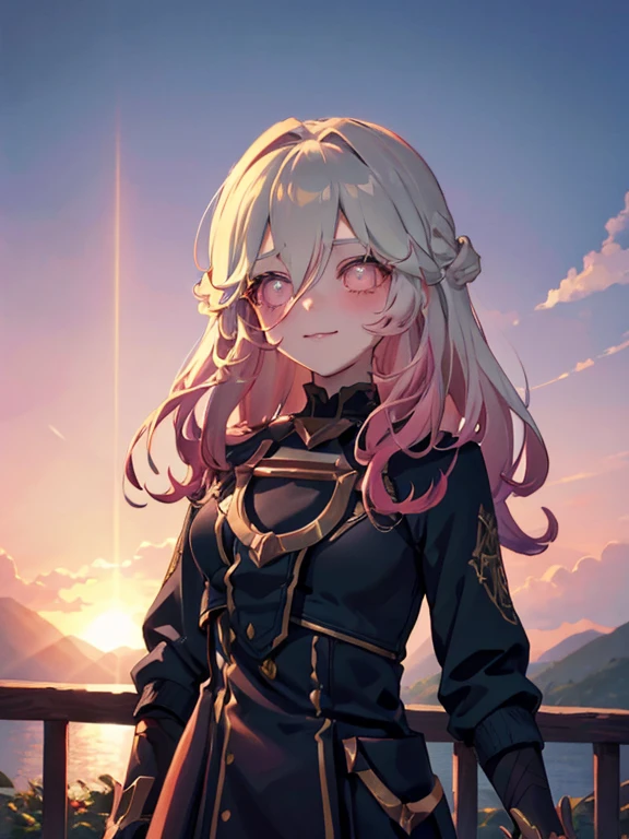 A girl with long hair, smiling with direct eye contact, is standing outdoors in front of a picturesque mountain. The sky above her is painted in hues of orange and pink as the sun sets, creating a beautiful sunset. In the background, there is a serene temple, adding a touch of simplicity to the overall scene. The lighting is dramatic, with rays of warm light illuminating the girl's face and creating a sense of depth and emotion. Her face is cute and her cheeks have a subtle blush, enhancing her charm. The artwork is of the highest quality, with a resolution of 4k or 8k, it a true masterpiece.