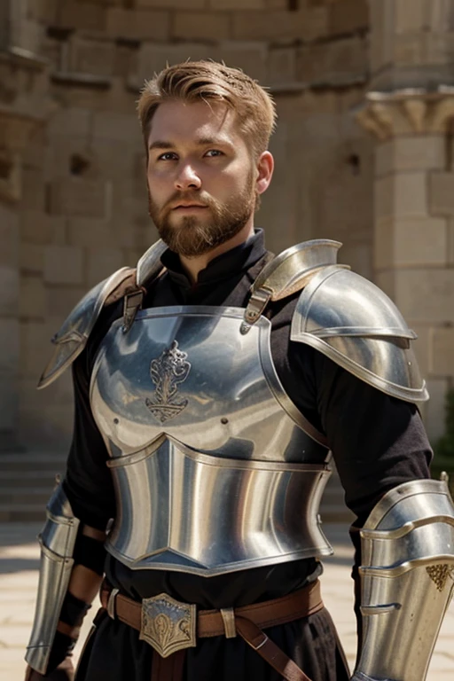 Short blonde haired, stubble (short) beard, amber colored eyes, mascular feature, very athletic, dnd themed, fighter with plate armor with sword and shield, background is a palace beacuse he is noble, 1.88 height