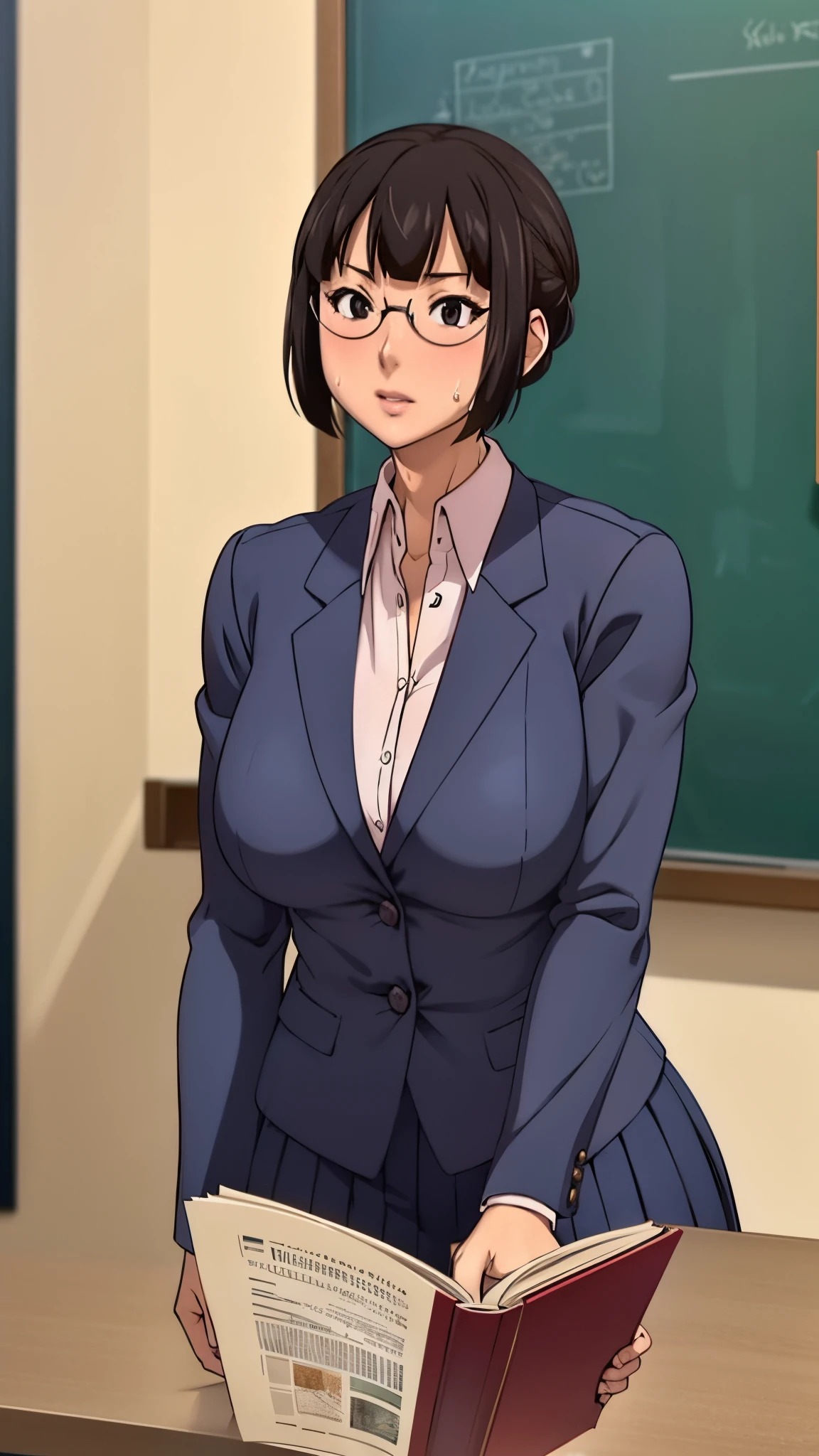 A female teacher Katsuko Kurose, glasses , full shot, sweaty body, sweet look, saggy eyes, full teacher uniform, reading a red book