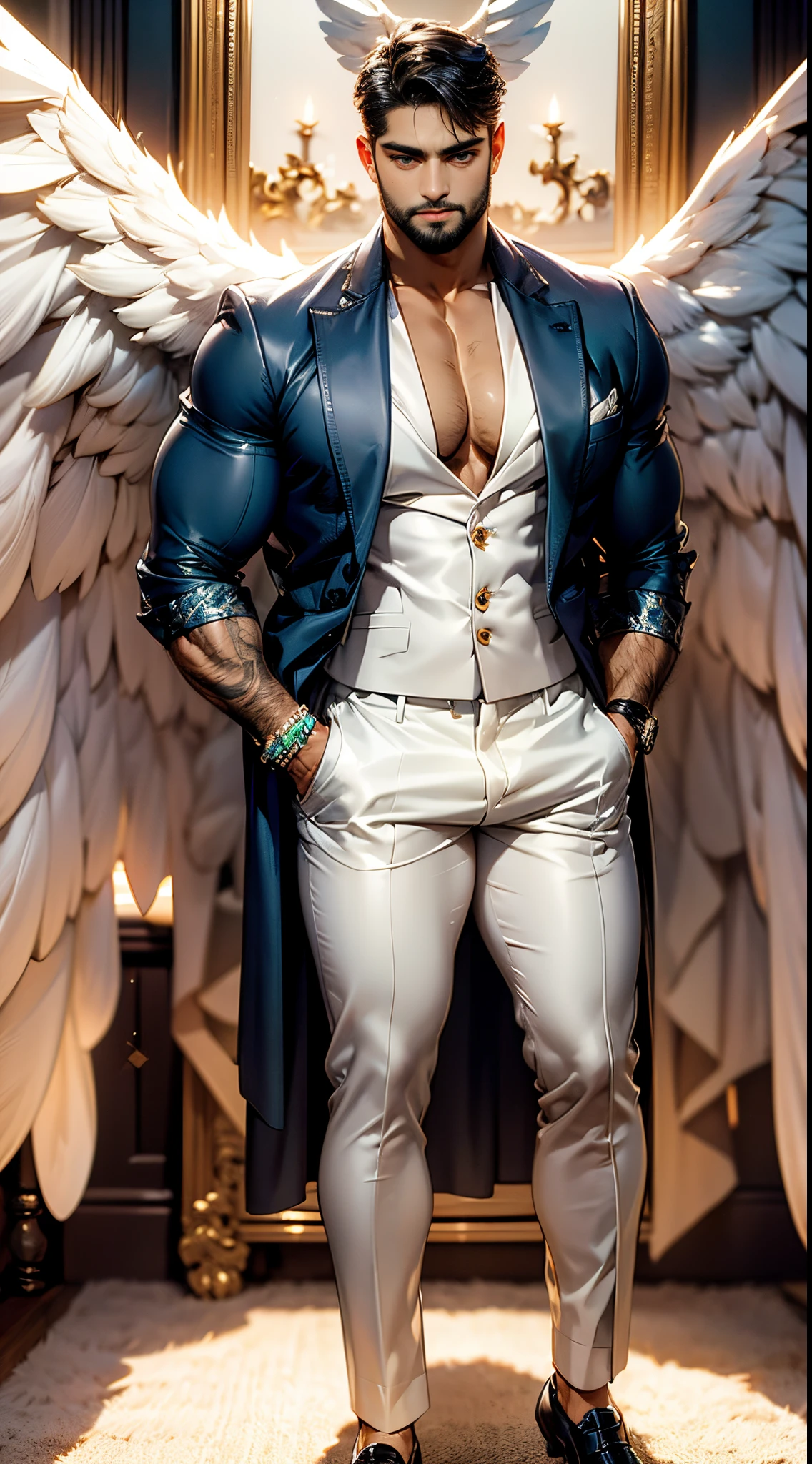 (best quality,ultra-detailed,realistic:1.37), Daegan Tronos Character(1), handsome, dark skin, dark-tanned, perfect wings angel, symmetrical wings,blue eyes,small beard, medium-long haircut,casual outfit, urban italian clothing, trench coat, man stance, attractive,vibrant colors, modern long outfit, fight punch pose, epic wallpaper.