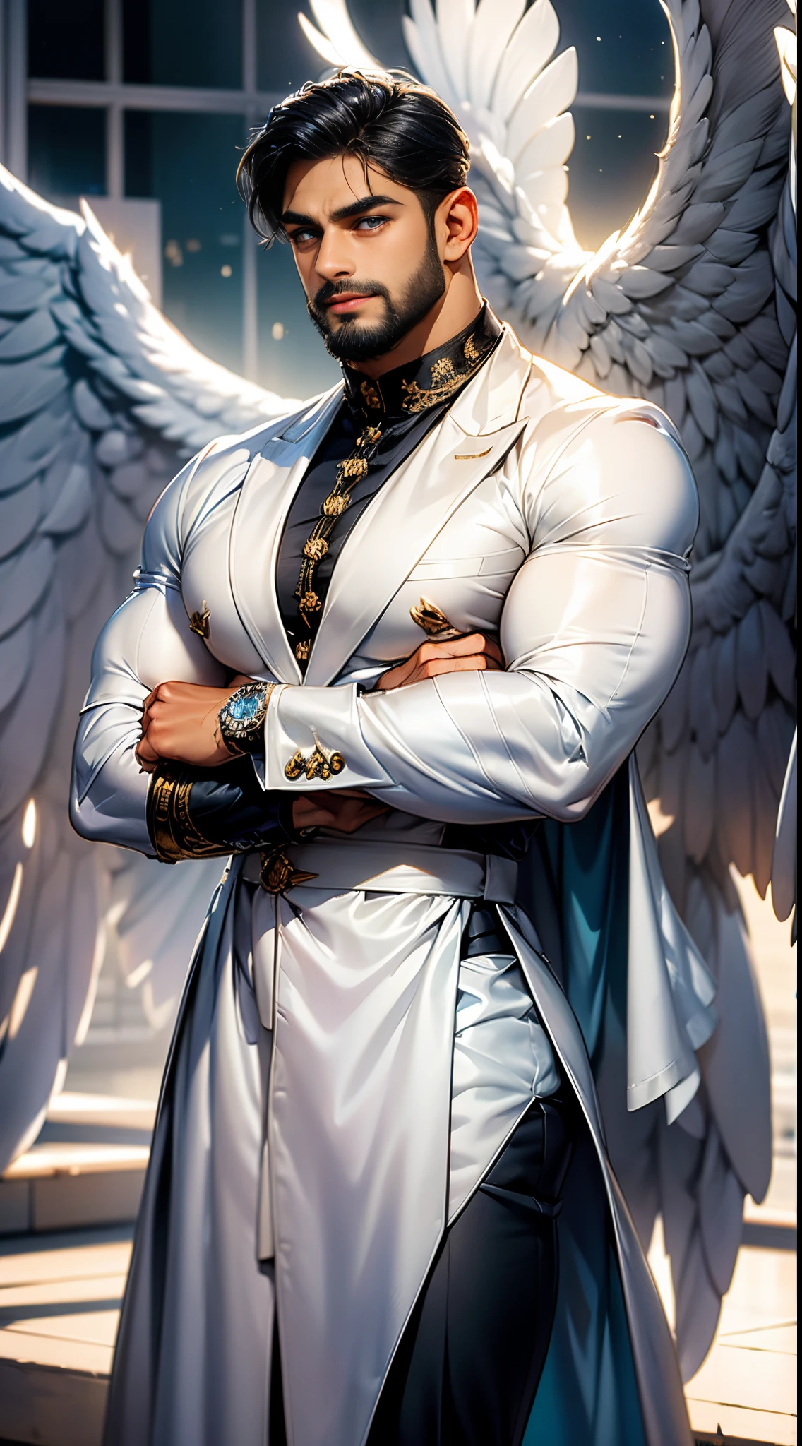 (best quality,ultra-detailed,realistic:1.37), Daegan Tronos Character(1), handsome, dark skin, dark-tanned, perfect wings angel, symmetrical wings,blue eyes,small beard, medium-long haircut,casual outfit, urban italian clothing, trench coat, man stance, attractive,vibrant colors, modern long outfit, fight punch pose, epic wallpaper.