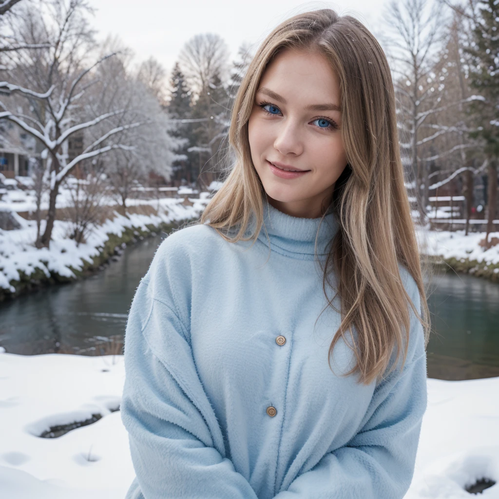 Nikon Z 85mm, Beautiful, one Petite 20-year-old supermodel, long blond hair, Bright gray eyes, ((High detailed skin, Skin Details)), Sharp Focus, 8K UHD, Digital SLR, High quality, gorgeous russian face, smiling, very realistic, wearing blue fur coat and turtle neck sweater, standing by a river. top perspective. Snow trees on background