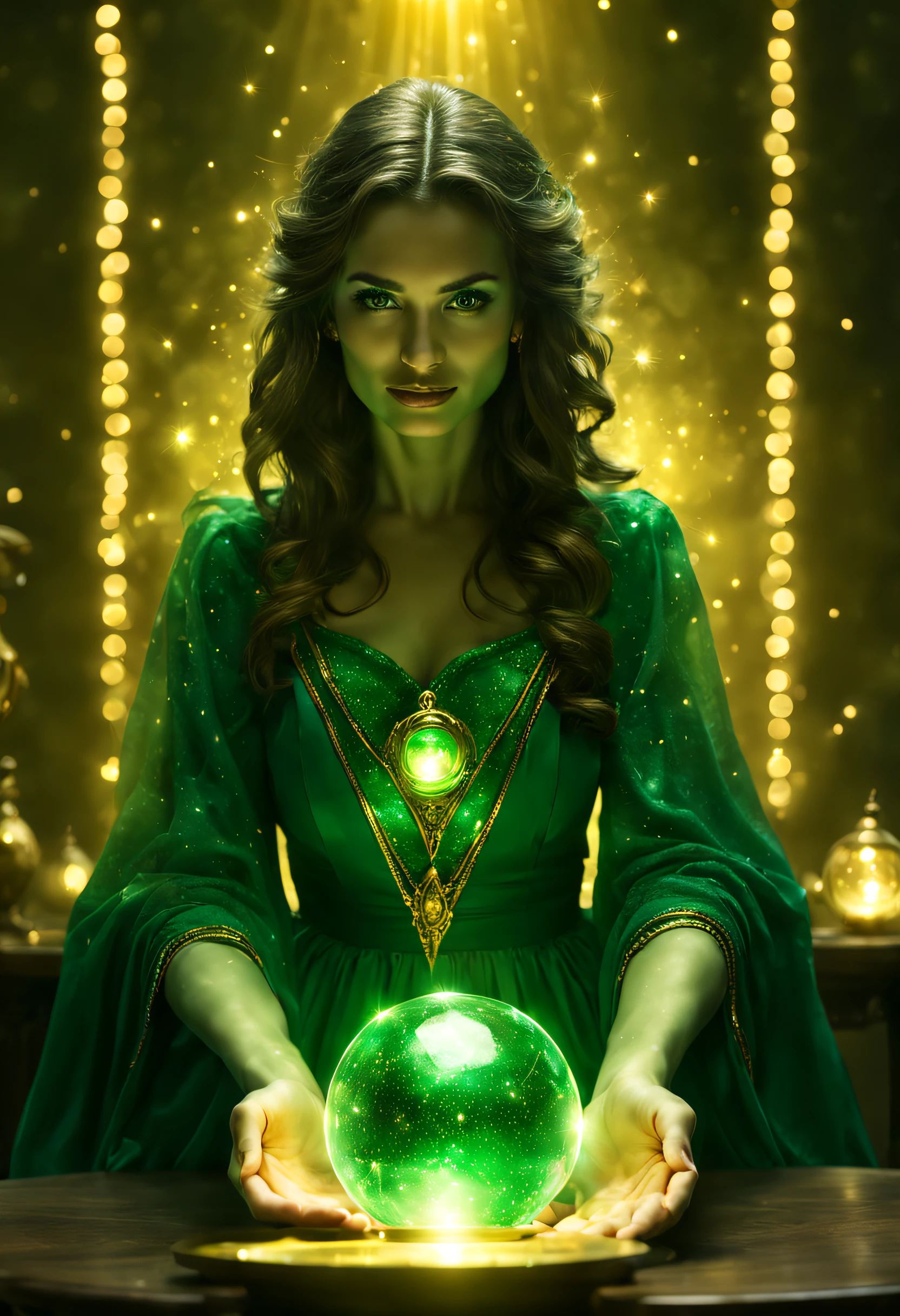 female sorcerer wizard face with green dress WITH AURA LIGHTS, sitted and holding a GOLD ball in the hands, ahead a table, in front of end, sorcerer, glowing golden small luminous effect lights dots in the background