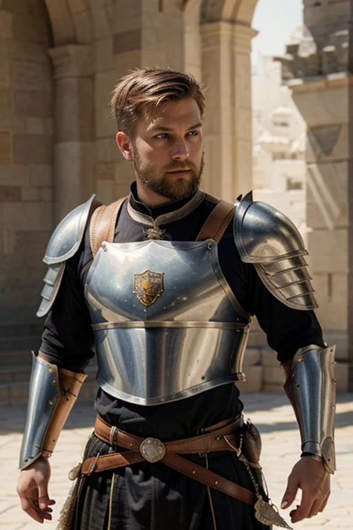 Short blonde haired, stubble (short) beard, amber colored eyes, mascular feature, very athletic, dnd themed, fighter with plate armor with sword affixed to the belt and shield affixed to the back, background is a palace beacuse he is noble, 1.88 height