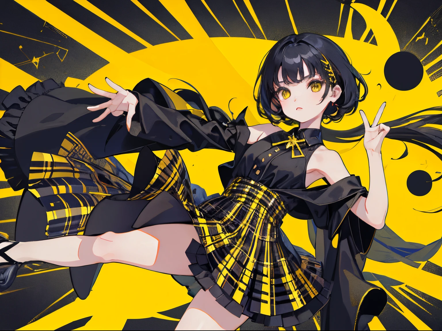 (child），（​masterpiece，Highest Quality），Black tights，（yellow and black plaid skirt），A dark-haired，On the rooftop