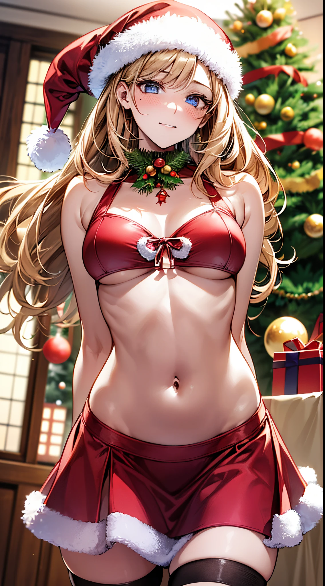 ((((perfect anatomy, super detailed skin)))), 1 girl, japanese, , shiny skin, watching the view,
beautiful hair, beautiful face, beautiful detailed eyes, (long hair:1.7, side ponytaail:1.5), blond hair, blue eyes, mole under eye,
beautiful clavicle, beautiful body, beautiful chest, beautiful thigh, beautiful legs, babyface, medium breasts, perfect body, gorgeous faces, seductive boobs, seductive thighs,
((wearing santa claus costume, symmetrical clothing, metallic red santa claus hat, metallic red santa claus dress, metallic red santa claus boots, bare shoulders), christmas necklace),
(facing the front)(((blushing cheeks, embarassed expression)), (((the skirt is rolled up by the wind)))
(beautiful scenery), indoors, livingroom, (christmas tree:1.3),
(top-quality, masterpiece:1.2, extremely detailed), (photorealistic), beautiful illustration, cinematic lighting, (thigh focus, from below, view from forward:1.3),