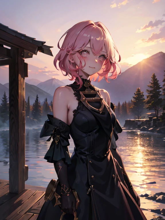 A girl with short hair, smiling with direct eye contact, is standing outdoors in front of a picturesque mountain. The sky above her is painted in hues of orange and pink as the sun sets, creating a beautiful sunset. In the background, there is a serene temple, adding a touch of simplicity to the overall scene. The lighting is dramatic, with rays of warm light illuminating the girl's face and creating a sense of depth and emotion. Her face is cute and her cheeks have a subtle blush, enhancing her charm. The artwork is of the highest quality, with a resolution of 4k or 8k, it a true masterpiece.