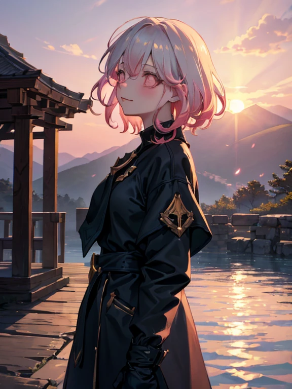 A girl with short hair, smiling with direct eye contact, is standing outdoors in front of a picturesque mountain. The sky above her is painted in hues of orange and pink as the sun sets, creating a beautiful sunset. In the background, there is a serene temple, adding a touch of simplicity to the overall scene. The lighting is dramatic, with rays of warm light illuminating the girl's face and creating a sense of depth and emotion. Her face is cute and her cheeks have a subtle blush, enhancing her charm. The artwork is of the highest quality, with a resolution of 4k or 8k, it a true masterpiece.