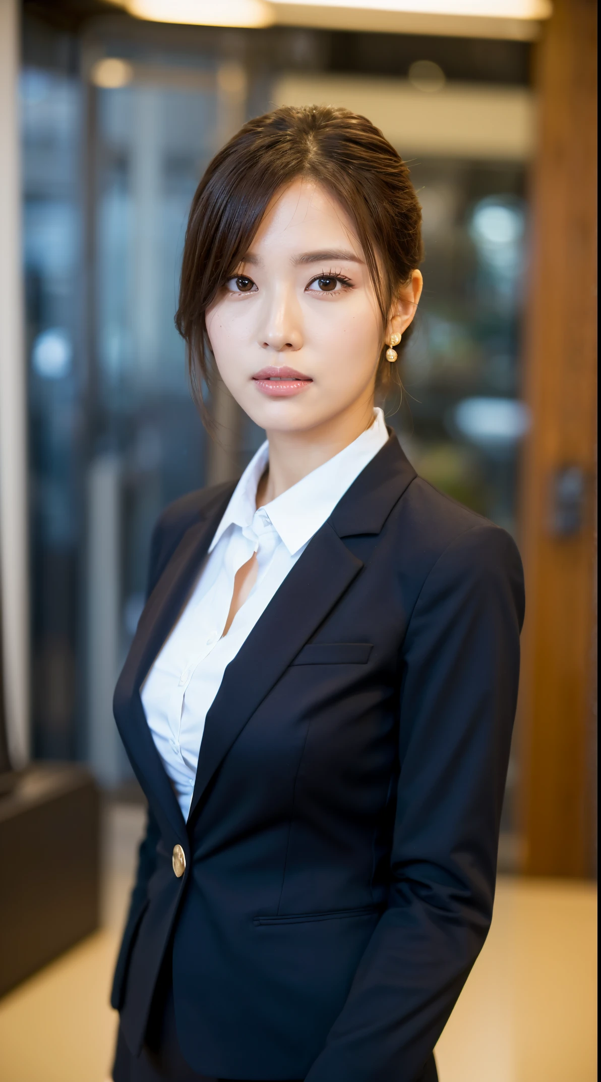 (masutepiece,High quality:1.3),(depth of fields:1.3) ,((front body:1.35)),  Japanese ,beautiful woman,Chignon,Black Piece suit, collared shirt, Black pencil skirt,Huge breasts,(Looking at Viewer:1.3),(Full body:1.2),