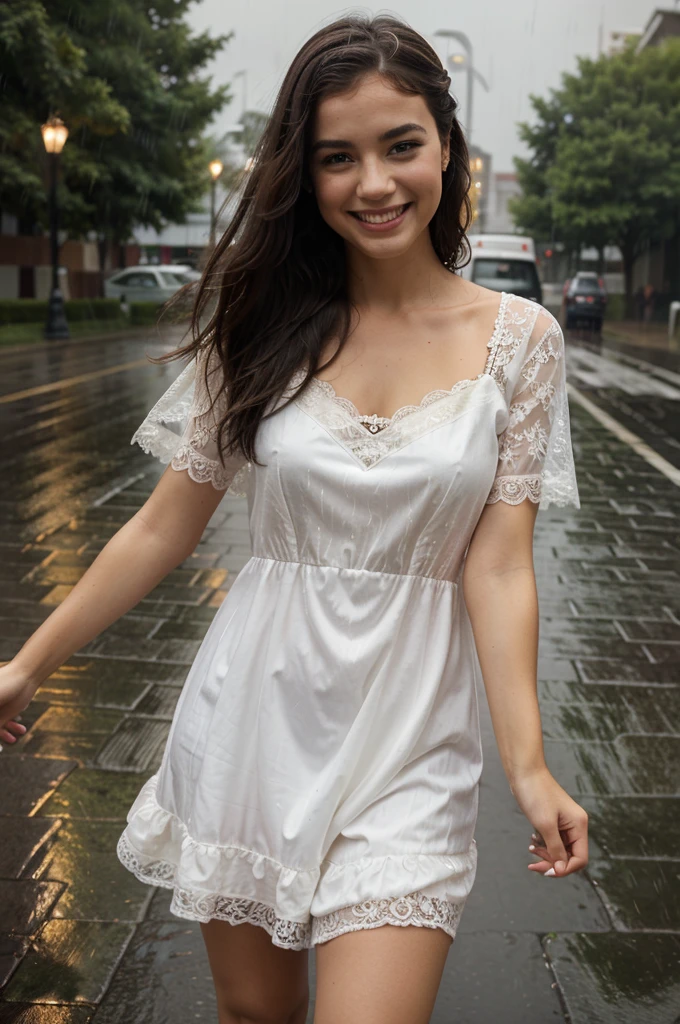 Portrait of a woman dressed in a lace dress, dancing in the rain, happy face. Full view