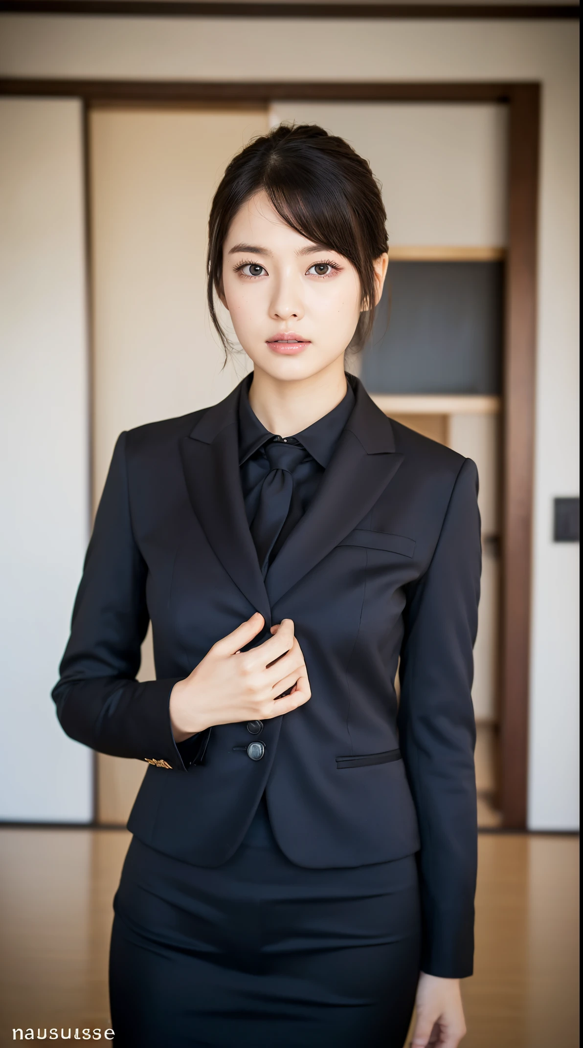 (masutepiece,High quality:1.3),(depth of fields:1.3) ,((front body:1.35)), Japanese ,beautiful woman,Chignon,Black Piece suit, collared shirt, Black pencil skirt,Huge breasts,(Looking at Viewer:1.3),(Full body:1.2),