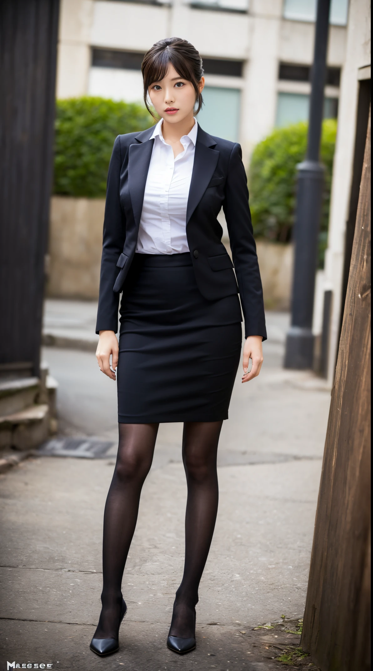 (masutepiece,High quality:1.3),(depth of fields:1.3) ,((front body:1.35)), Japanese ,beautiful woman,Chignon,Black Piece suit, collared shirt, Black pencil skirt,Huge breasts,(Looking at Viewer:1.3),(Full body:1.2),