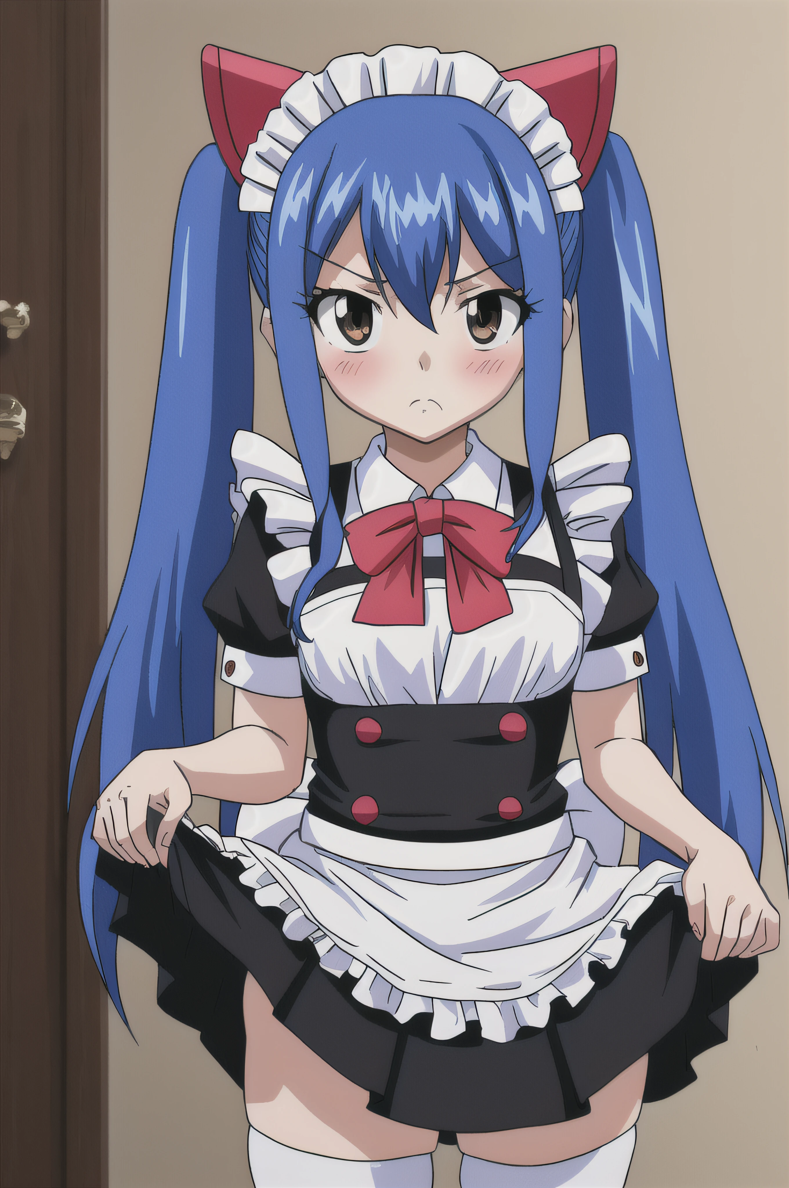 (((wendy))), fairy tail, anime art style, 1girl, solo, small_breasts, dressed, long_hair, looking at viewer, ((maid bowing, clothes lift, skirt lift, facing viewer)), embarrassed, maid outfit, hair_ornament, blushing, hair_between_eyes, twintails, brown_eyes, blue_hair, upper_body, parody, style_parody, anime_coloring, short female, petite female, thick thighs, ****, maid headwear, thick thighs, thigh highs