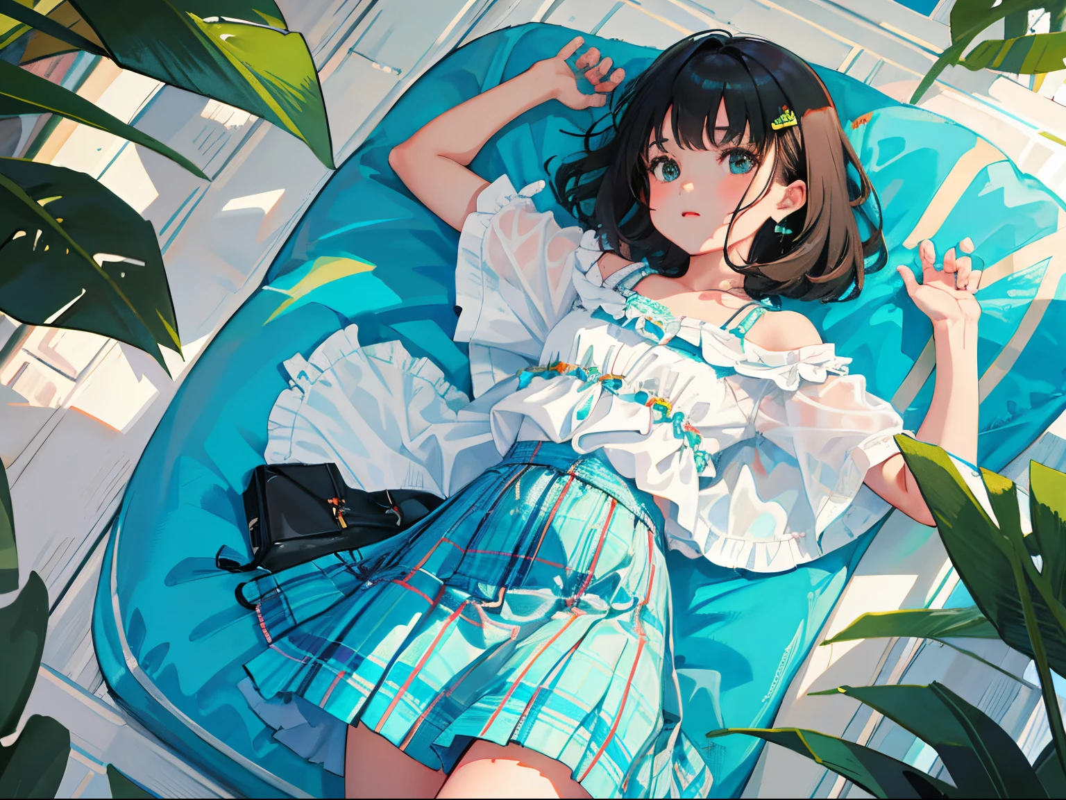 (),(masterpiece,Highest Quality),(turquoise plaid mini skirt),White short-sleeved blouse,A dark-haired,lake