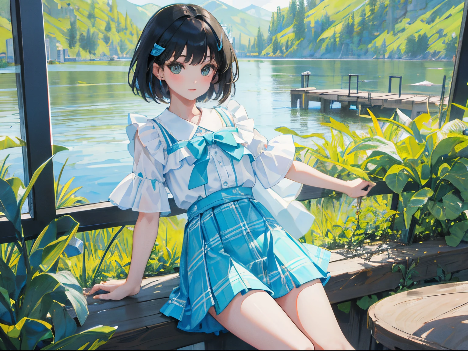 (child），（​masterpiece，Highest Quality），（turquoise plaid mini skirt），White short-sleeved blouse，A dark-haired，lake