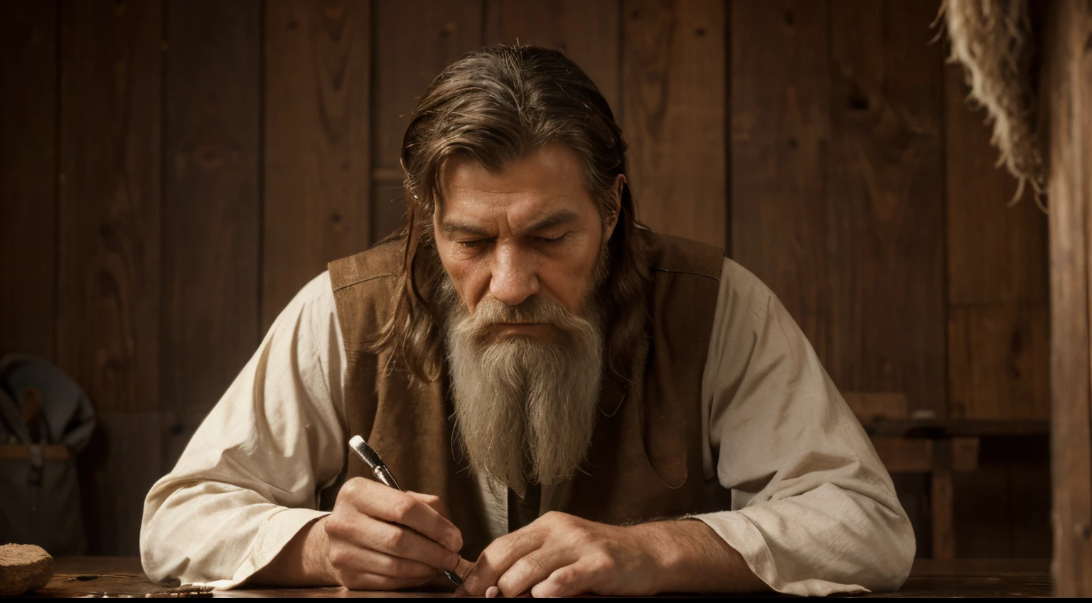 Develop an ultra-realistic image of an Old Testament prophet in a moment of reflection, Imagine him writing a scroll in a rustic setting