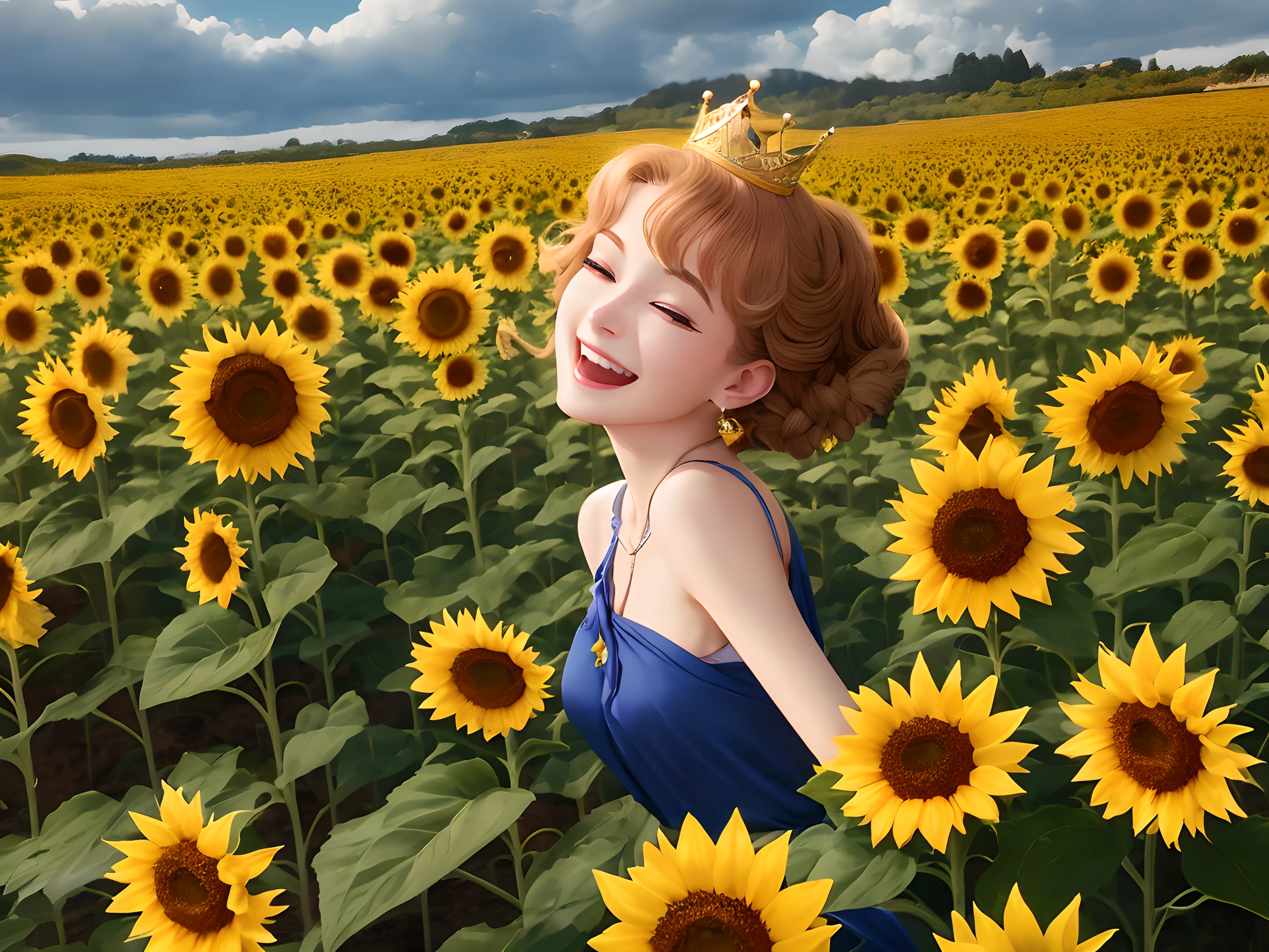 Best Quality, masutepiece, Extremely delicate and beautiful, Extremely detailed, 8K Wallpaper, amazing, finely detail, Official art, Very detailed 8k wallpaper, absurderes, unbelievable Ridiculous, (Laughing), (yellow princess:1.2), (40s,Twightite Light,spring:1.2), Sunflower,