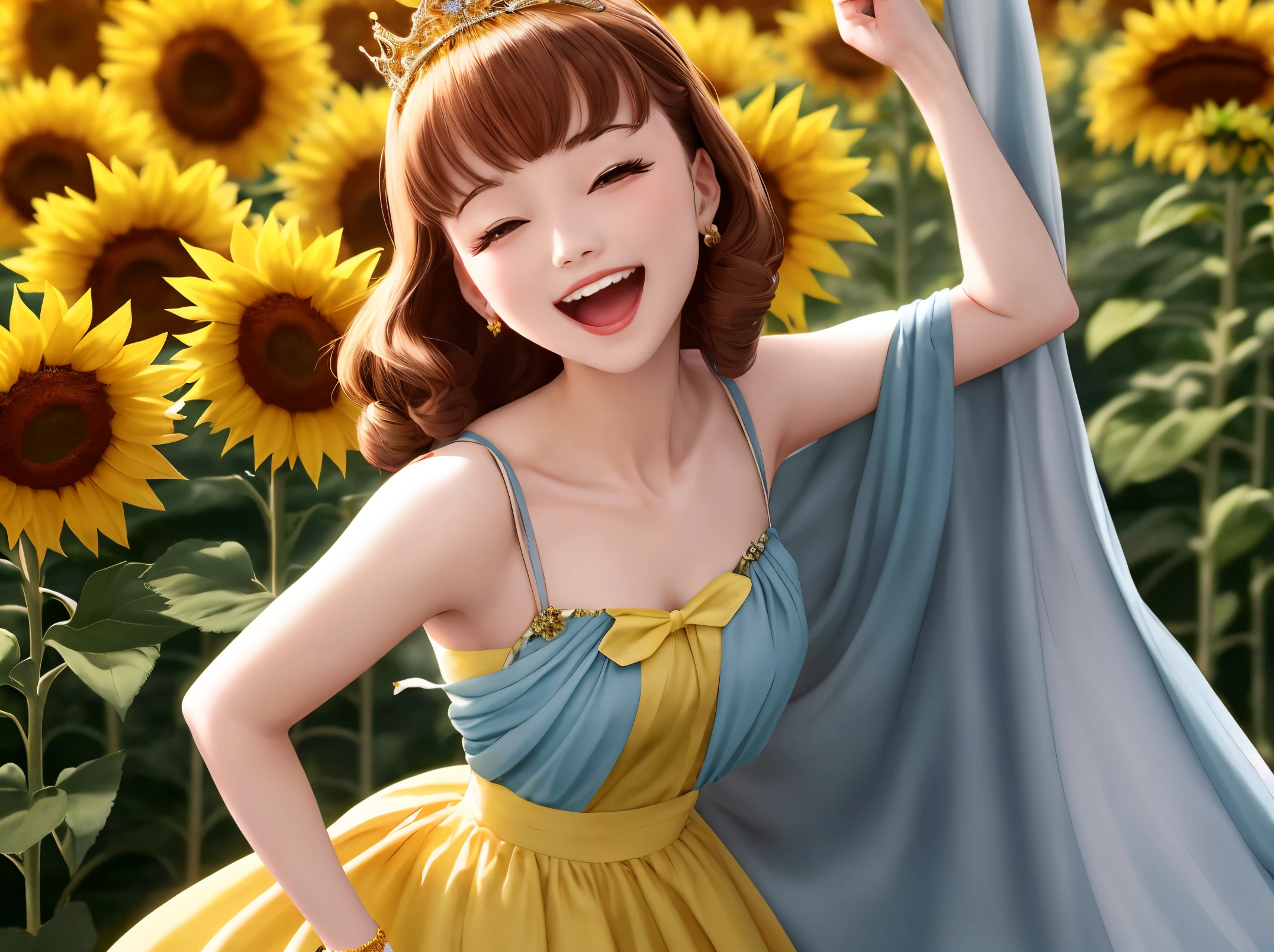 best quality, masterpiece, extremely delicate and beautiful, extremely detailed, 8k wallpaper, Amazing, finely detail, official art, extremely detailed 8k wallpaper, absurdres, incredibly absurdres, (laughing smiling), (yellow Princess:1.2), ('40s,twightlight,spring:1.2), sunflower,