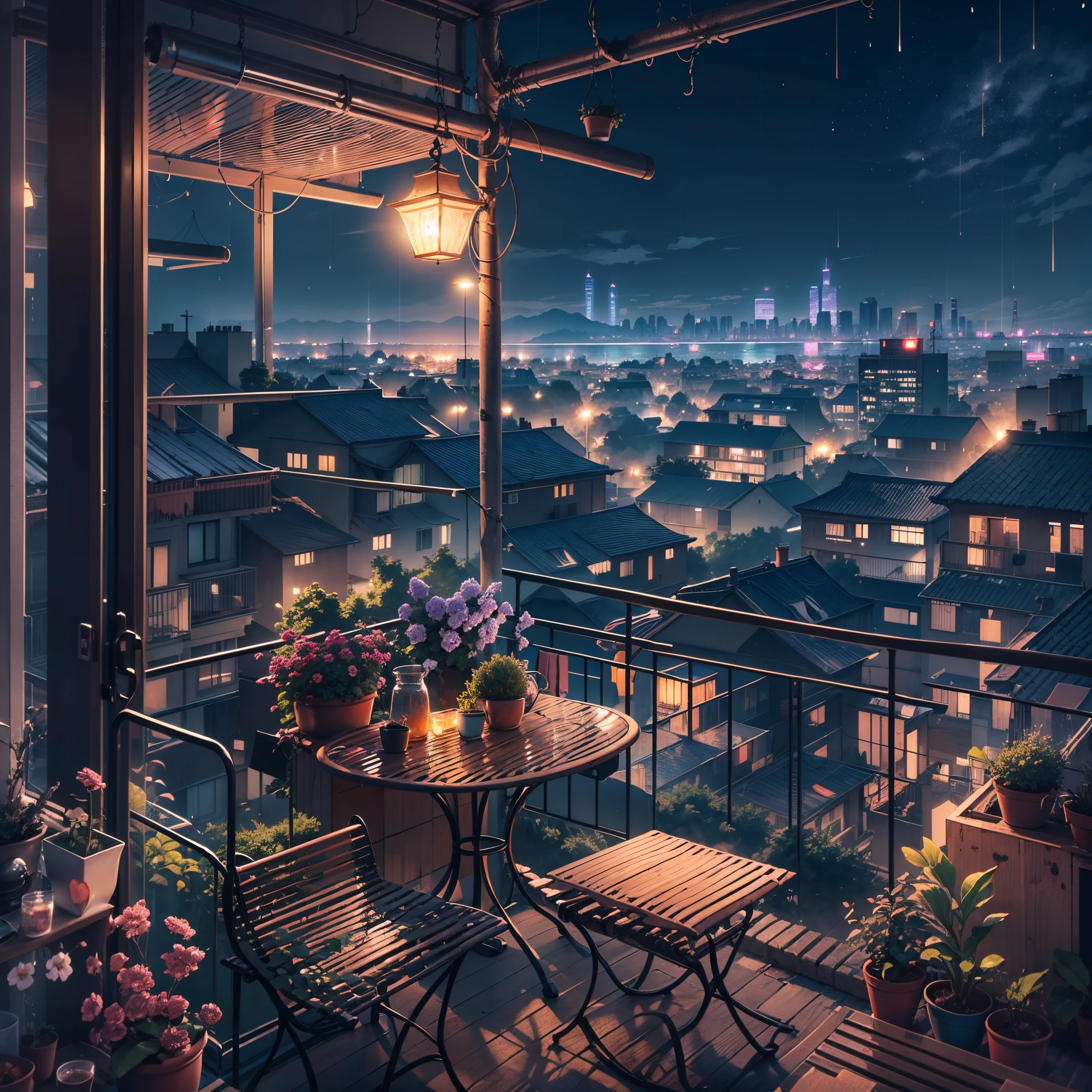 a view of a balcony with a table and chairs and a city in the distance, beautiful anime scene, beautiful cityscape, anime background art, beautiful anime scenery, amazing wallpaper, anime scenery, anime background, balcony scene, scenery artwork, night scenery, beautiful wallpaper, anime beautiful peace , anime movie background, hd anime cityscape, city backdrop, beautiful anime, best quality, no one in sight, night time, raining, rain drops