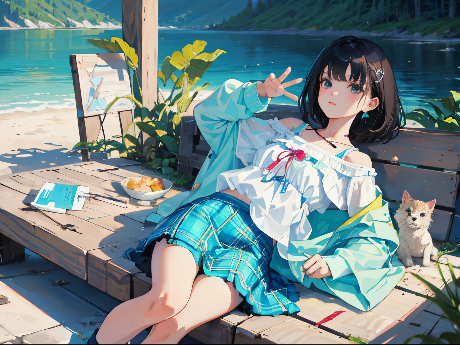 (child),(masterpiece,Highest Quality),(turquoise plaid mini skirt),White short-sleeved blouse,A dark-haired,lake