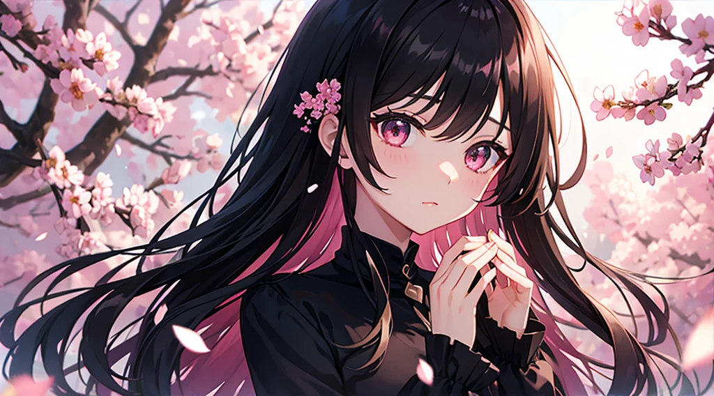 A dark-haired,Pink eyes,Black Dress,Medium hair,waved hair,morning,cherry trees,flower petals,Grains of light