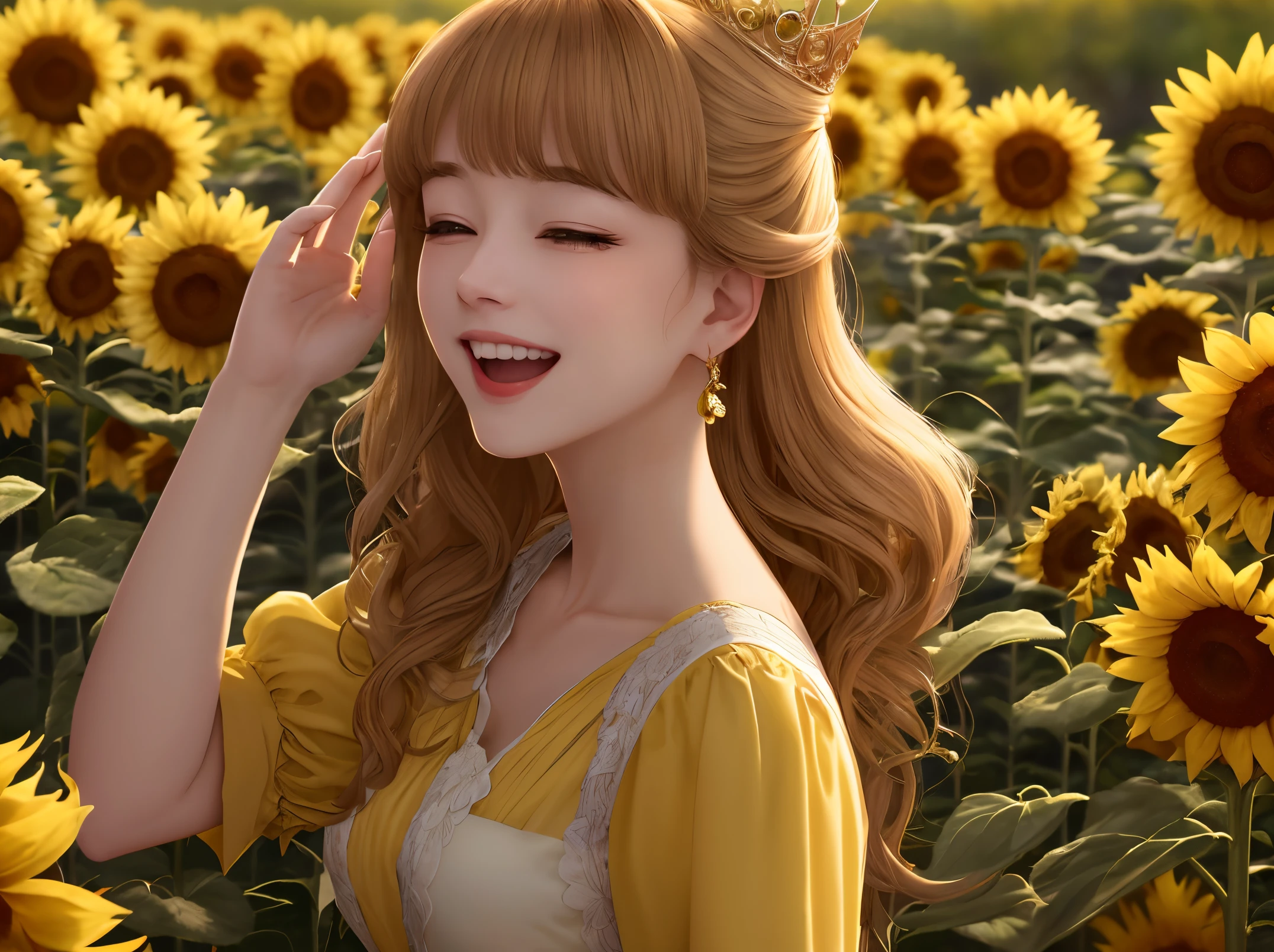 best quality, masterpiece, extremely delicate and beautiful, extremely detailed, 8k wallpaper, Amazing, finely detail, official art, extremely detailed 8k wallpaper, absurdres, incredibly absurdres, (laughing smiling), (yellow Princess:1.2), ('40s, summer:1.2), sunflower,
