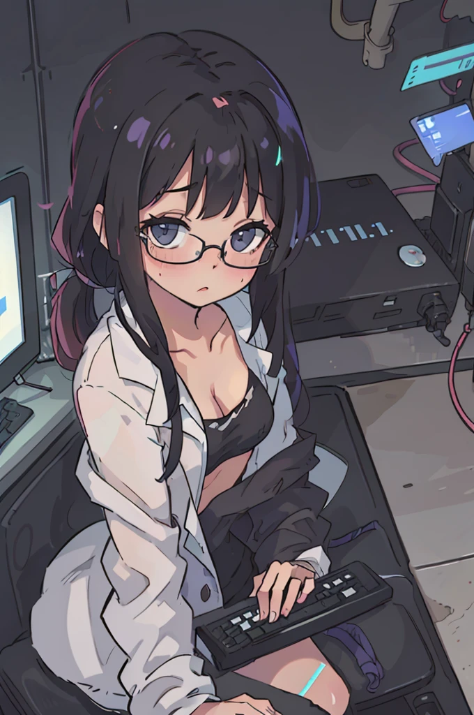 black hair, girl, long hair, scientist, glasses, shirt, cleavage, small boobs, sitting by futuristic computer screen, typing on holographic keyboard, scientist coat