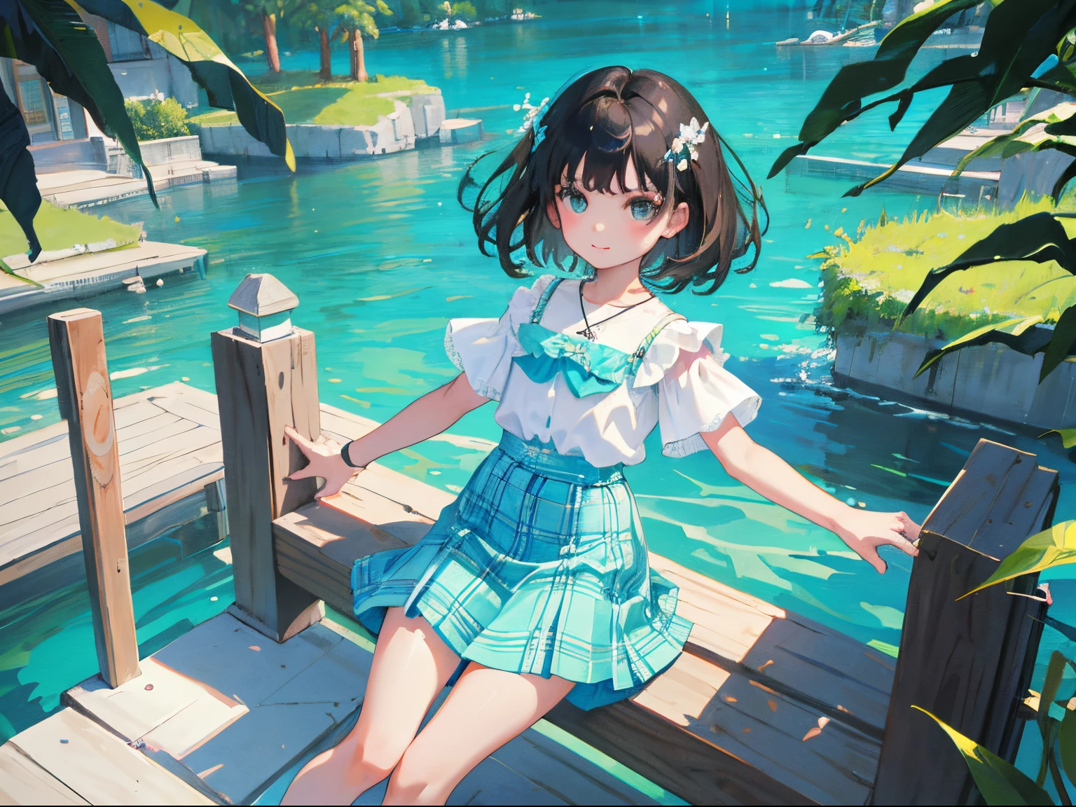 (child),(masterpiece,Highest Quality),(turquoise plaid mini skirt),White short-sleeved blouse,A dark-haired,lake