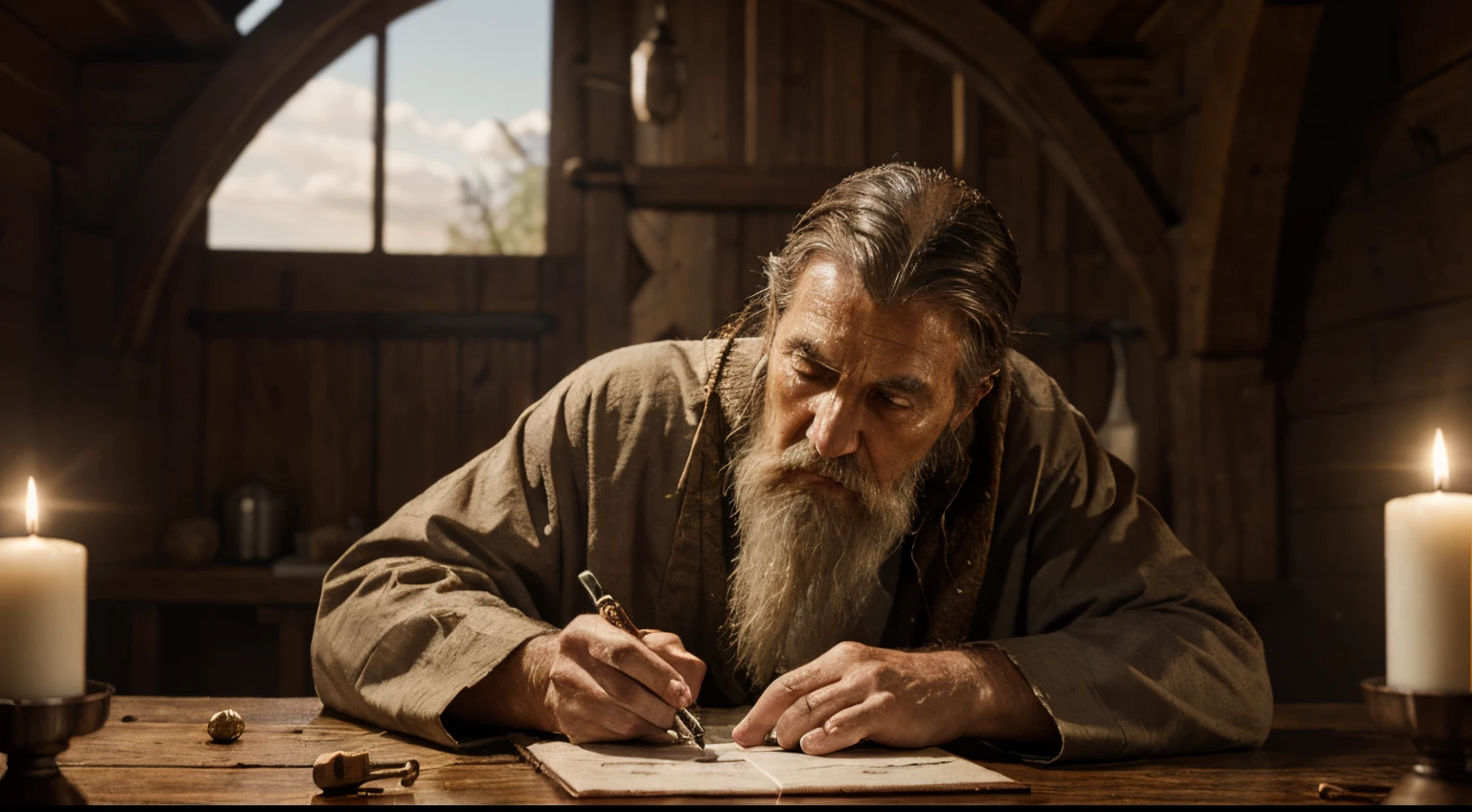 Develop an ultra-realistic image of an Old Testament prophet in a moment of reflection, Imagine him writing a scroll in a rustic setting