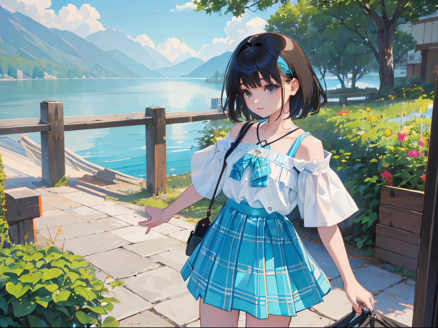 (child),(masterpiece,Highest Quality),(turquoise plaid mini skirt),White short-sleeved blouse,A dark-haired,lake