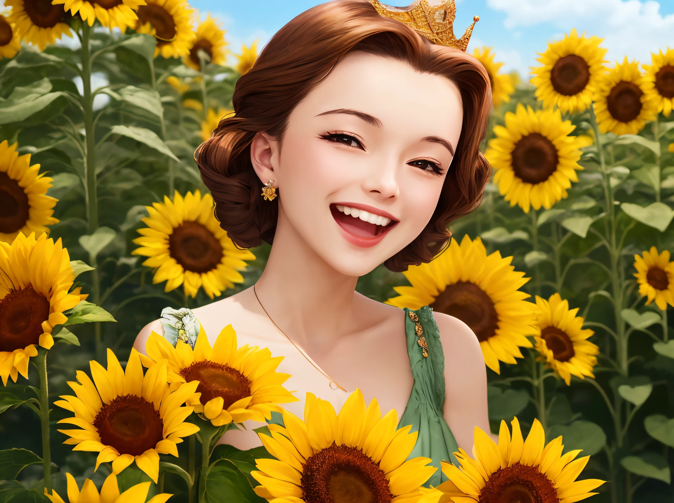 best quality, masterpiece, extremely delicate and beautiful, extremely detailed, 8k wallpaper, Amazing, finely detail, official art, extremely detailed 8k wallpaper, absurdres, incredibly absurdres, (laughing smiling), (yellow Princess:1.2), ('40s, summer:1.2), sunflower,