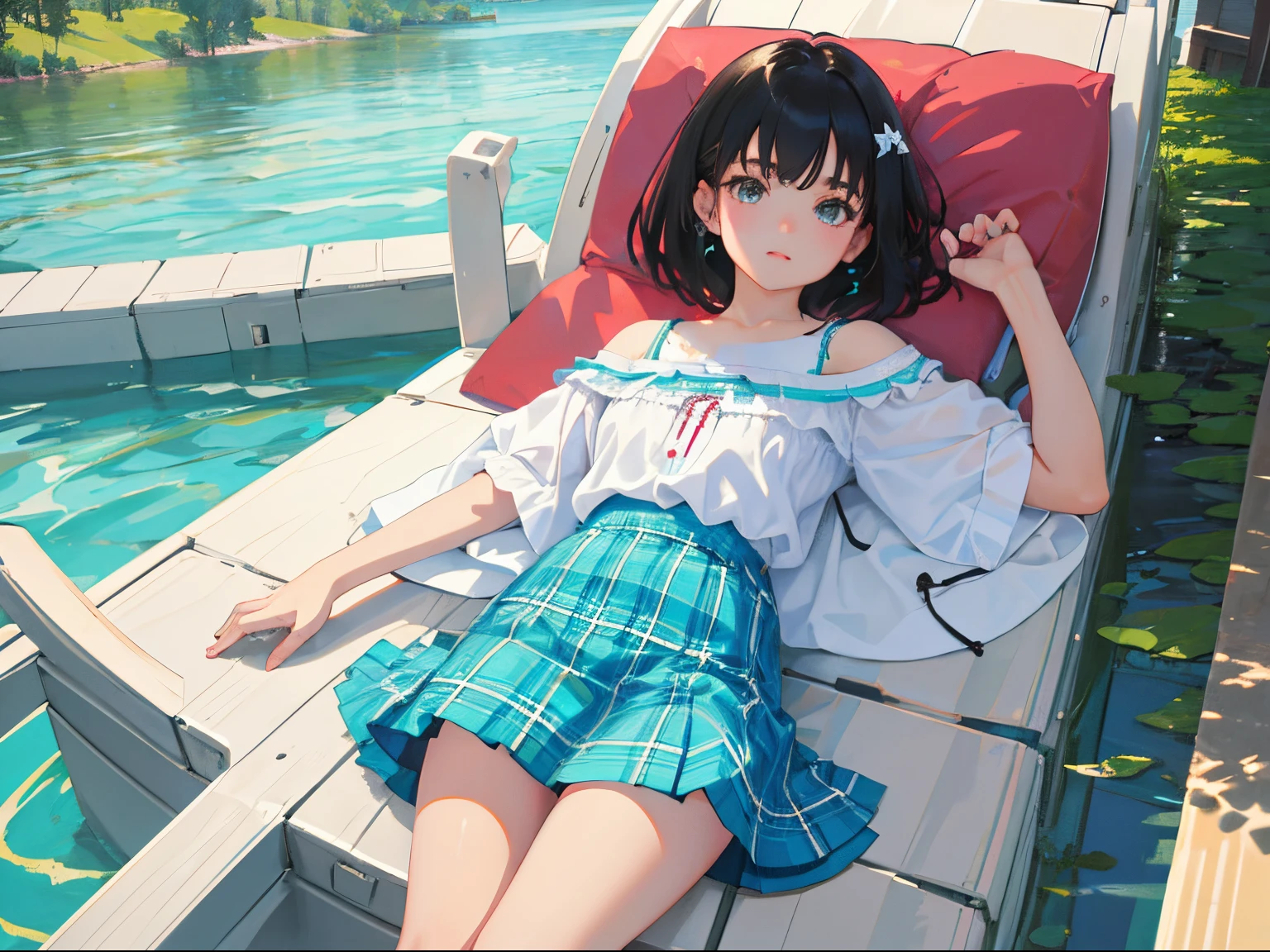 (child),(masterpiece,Highest Quality),(turquoise plaid mini skirt),White short-sleeved blouse,A dark-haired,lake