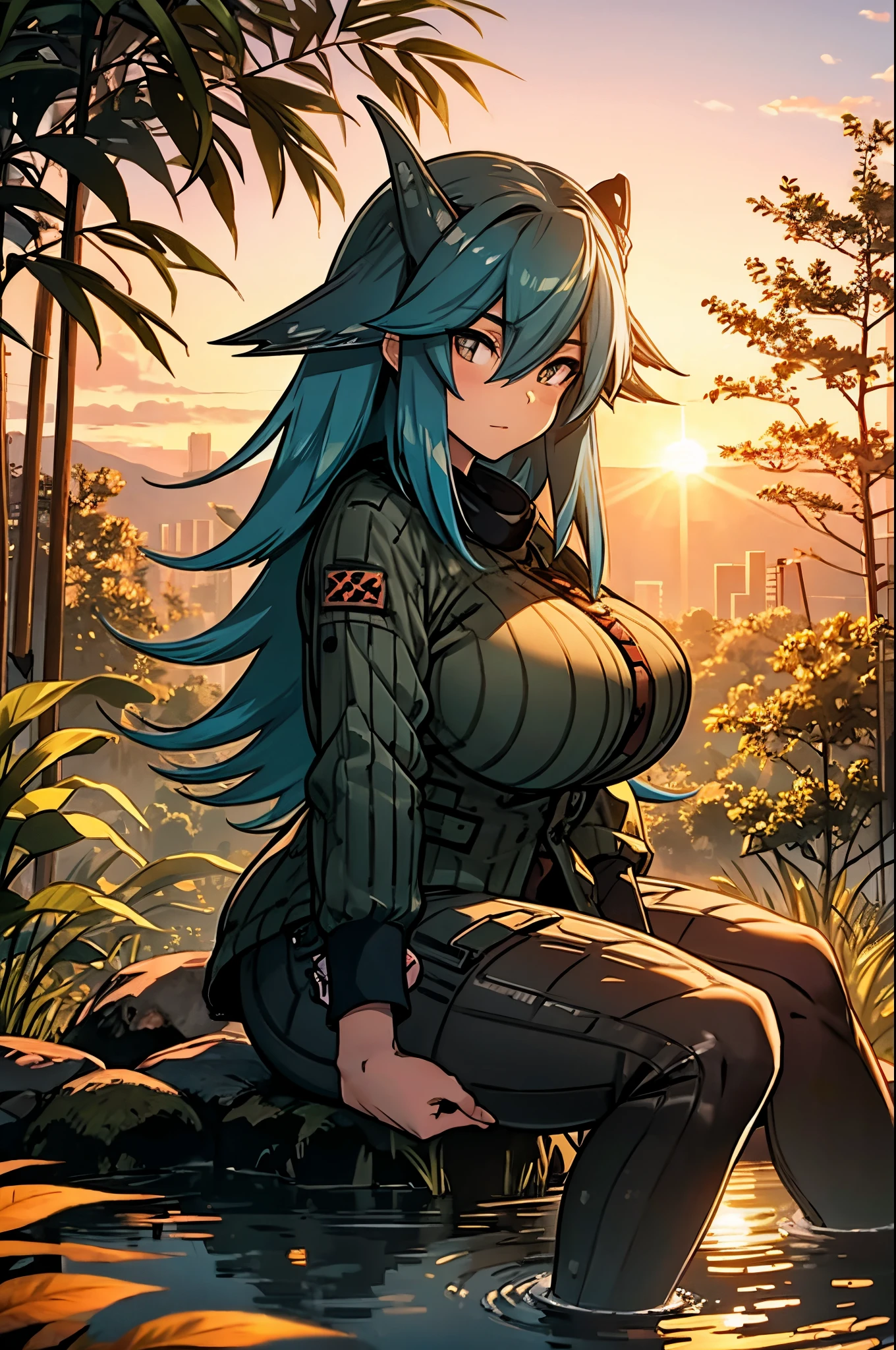 Godzilla Chan huge breasts in the jungle sunset in background sitting near pond.