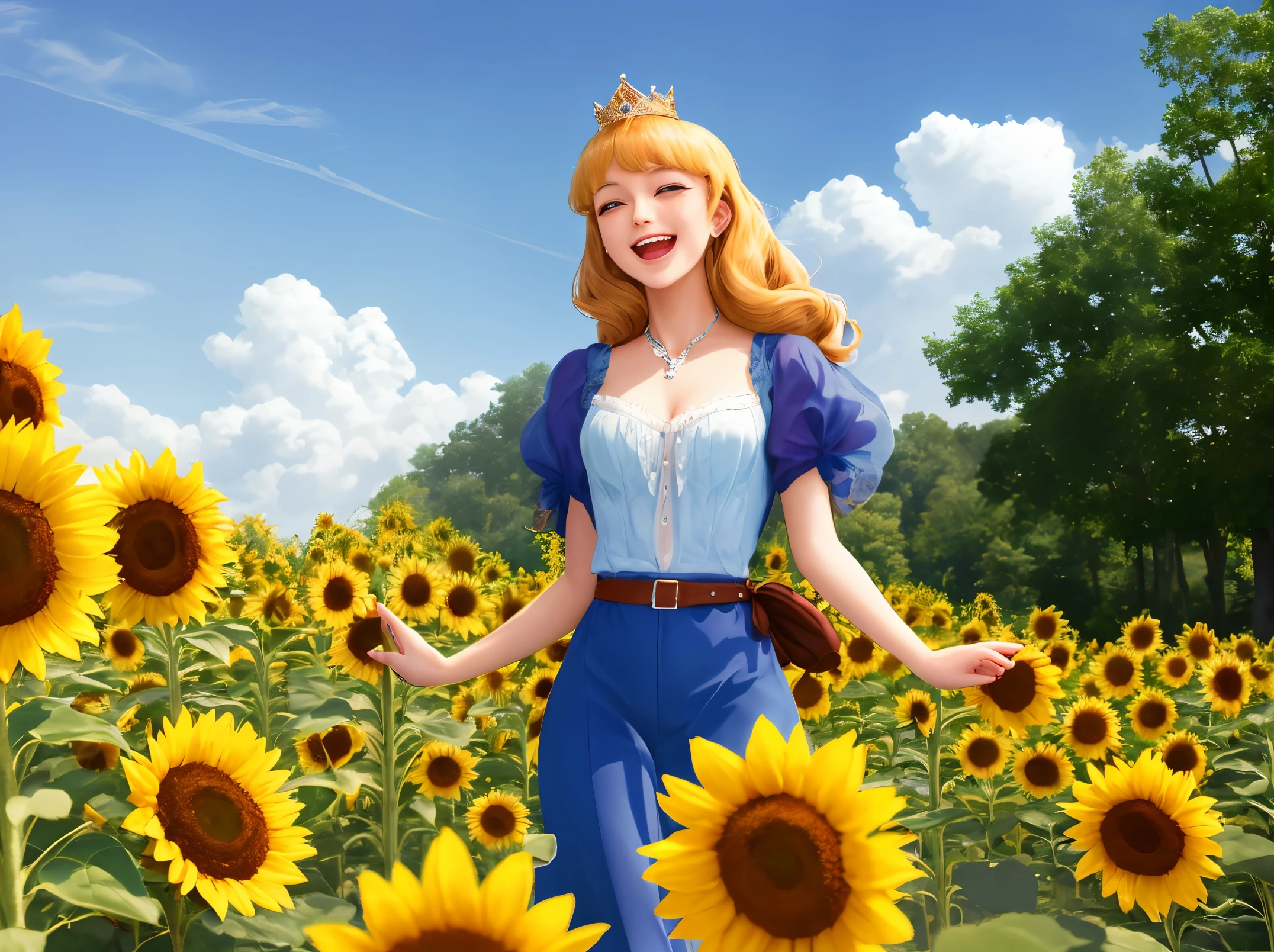 best quality, masterpiece, extremely delicate and beautiful, extremely detailed, 8k wallpaper, Amazing, finely detail, official art, extremely detailed 8k wallpaper, absurdres, incredibly absurdres, (laughing smiling), (yellow Princess:1.2), ('40s, summer:1.2), sunflower,