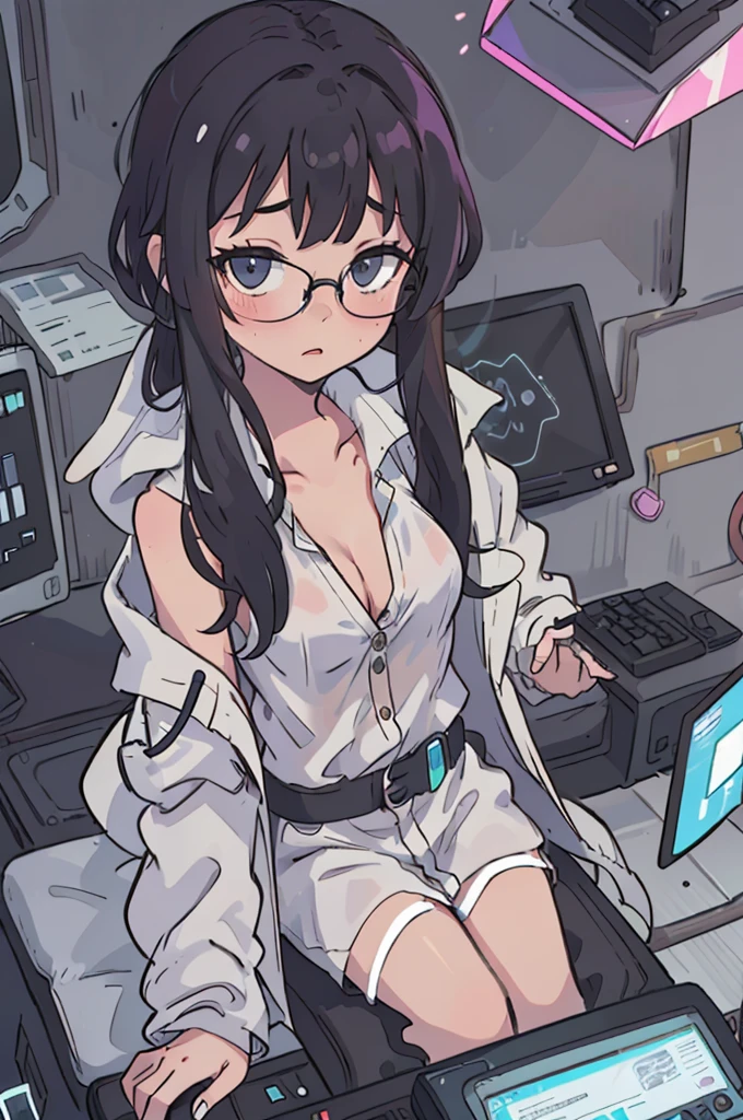 black hair, girl, long hair, scientist, glasses, (white shirt with buttons), cleavage, small boobs, sitting by futuristic computer screen, typing on holographic keyboard, scientist coat