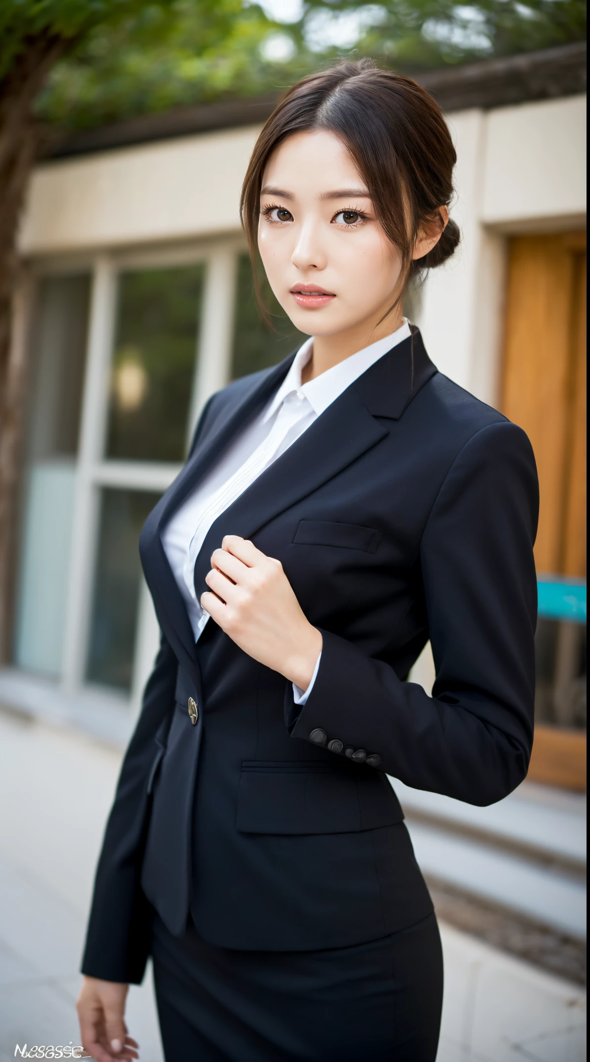 (masutepiece,High quality:1.3),(depth of fields:1.3) ,((front body:1.35)), Japanese ,beautiful woman,Chignon,Black Piece suit, collared shirt, Black pencil skirt,Huge breasts,(Looking at Viewer:1.3),(Full body:1.2),