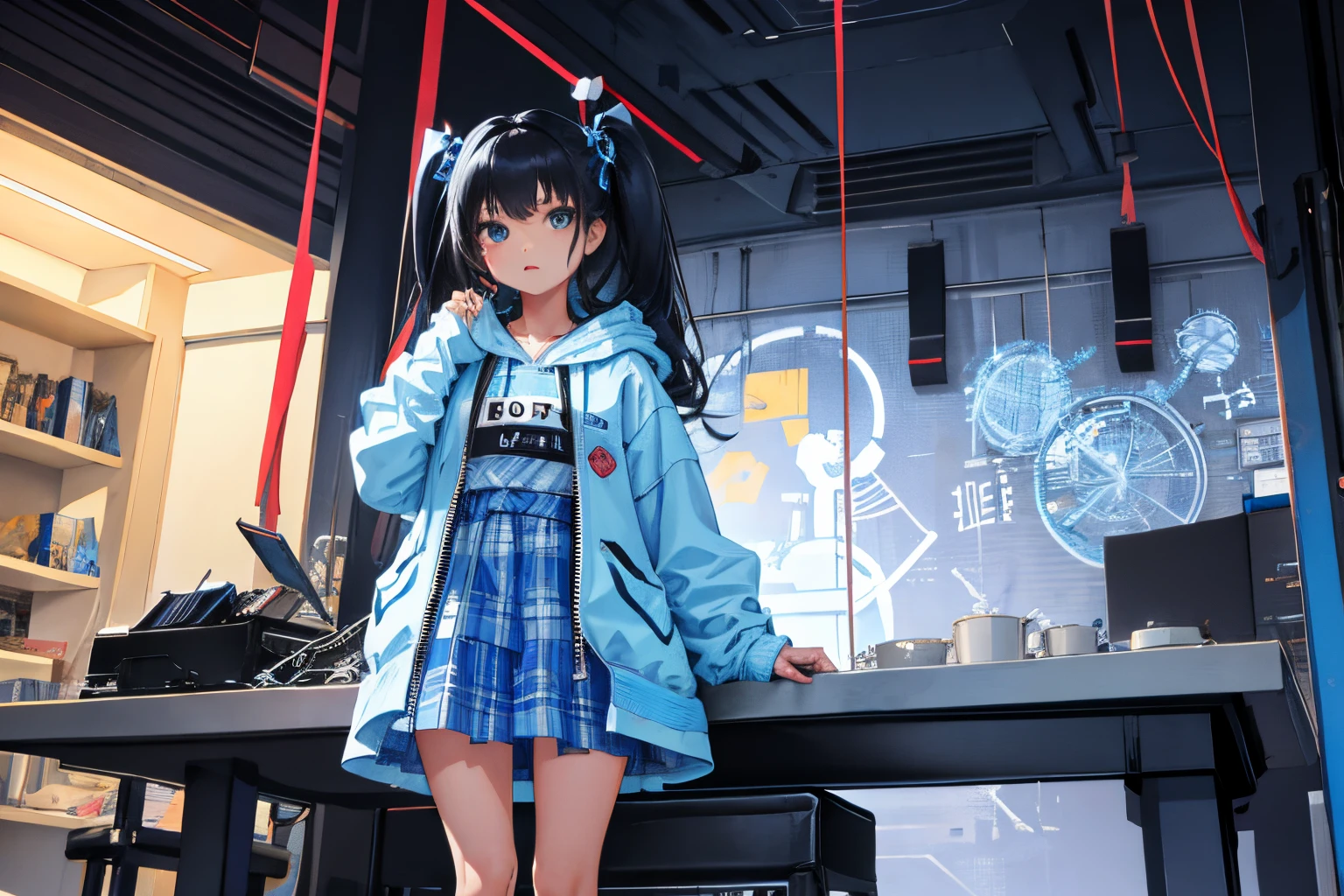 child,(masterpiece,Highest Quality),Light blue sheer hoodie,plaid skirts,A dark-haired,Twin-tailed