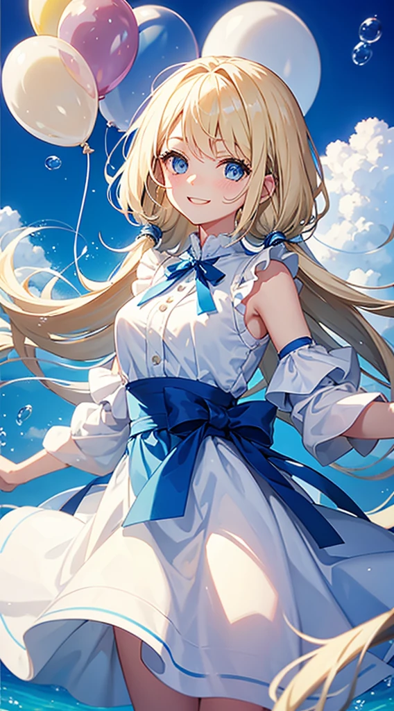 Thin blonde hair,blue eyess,Twin-tailed,white  clothes,Calm,smiling blue sky,Grains of light,Soap bubbles,Balloons
