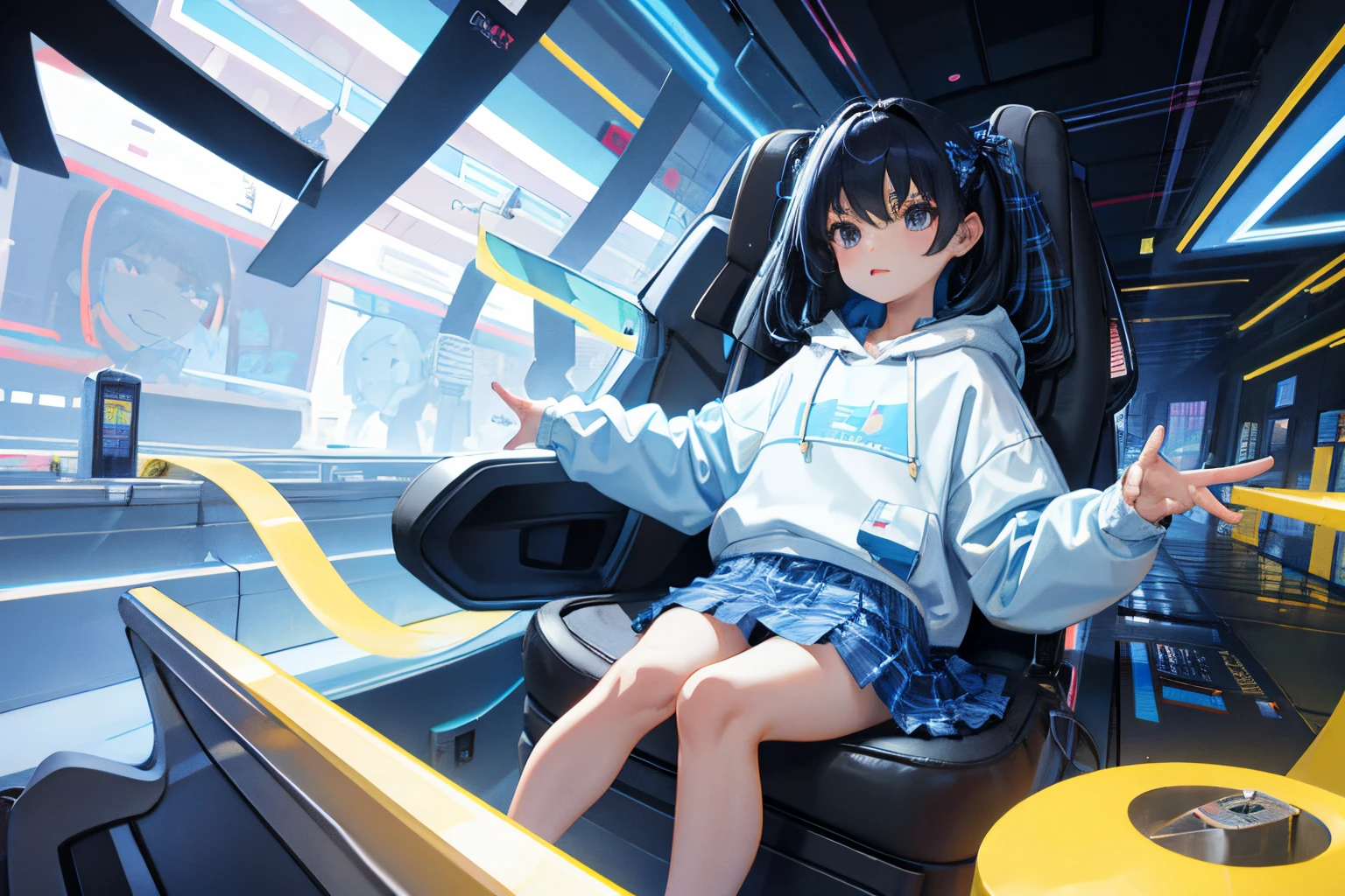 child,(masterpiece,Highest Quality),Light blue sheer hoodie,plaid skirts,A dark-haired,Twin-tailed